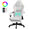 Dowinx RGB LED Gaming Chair with Massage Lumbar Support & Footrest - Ergonomic PU Leather Video Game Chair for Adults, White