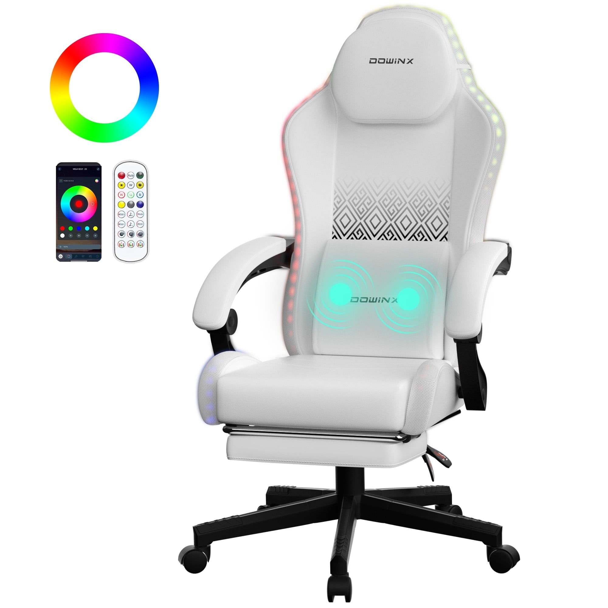 Dowinx RGB LED Gaming Chair with Massage Lumbar Support & Footrest - Ergonomic PU Leather Video Game Chair for Adults, White