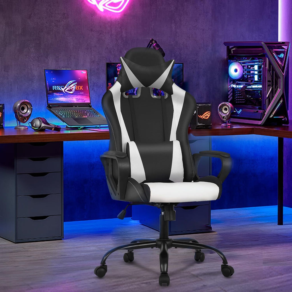 Ergonomic Racing Desk Chair - High-Back Gaming Chair & Office Computer Chair with Adjustable Lumbar Support, Headrest, 360° Swivel & PU Leather for Adults, Men, Women (White)