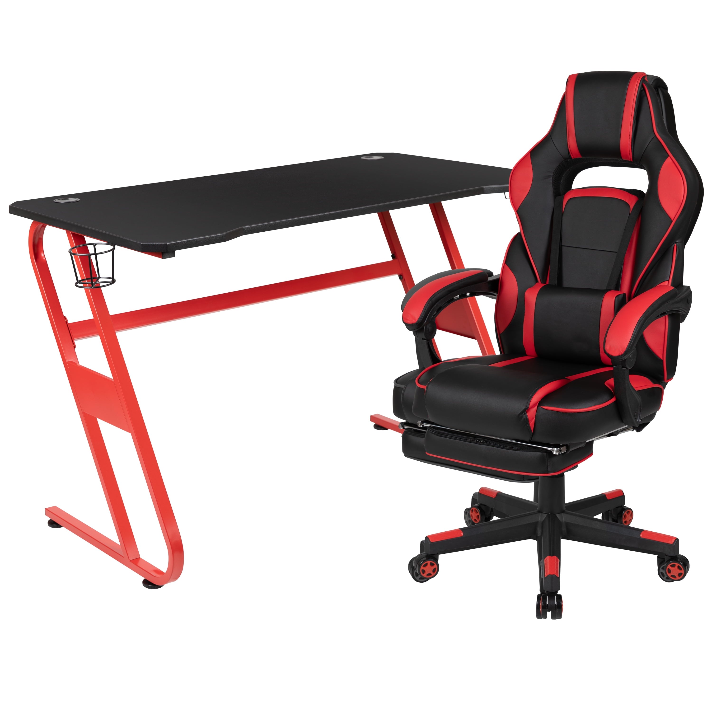 Flash Furniture Red Gaming Desk with Cup Holder/Headphone Hook & White Reclining Back/Arms Gaming Chair with Footrest