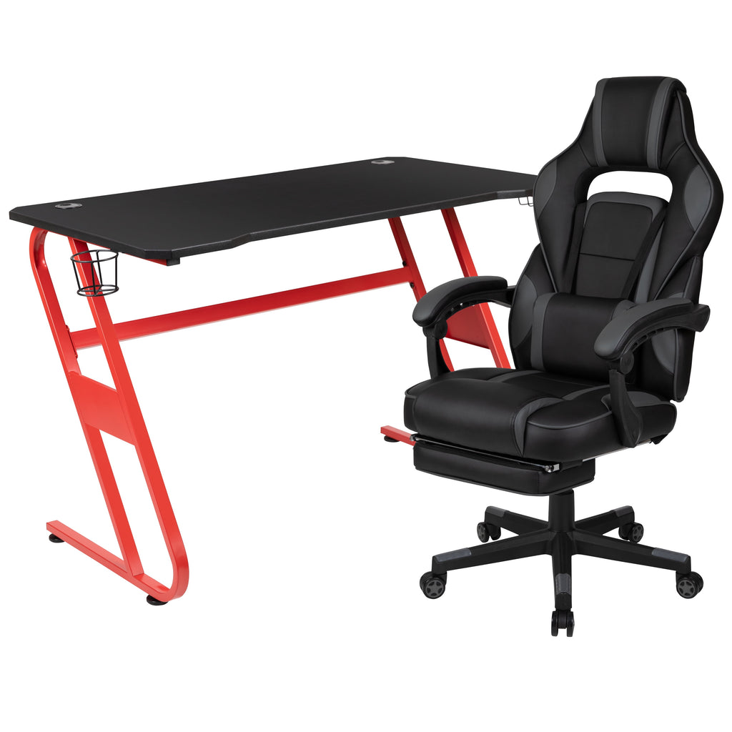 Flash Furniture Red Gaming Desk with Cup Holder/Headphone Hook & White Reclining Back/Arms Gaming Chair with Footrest
