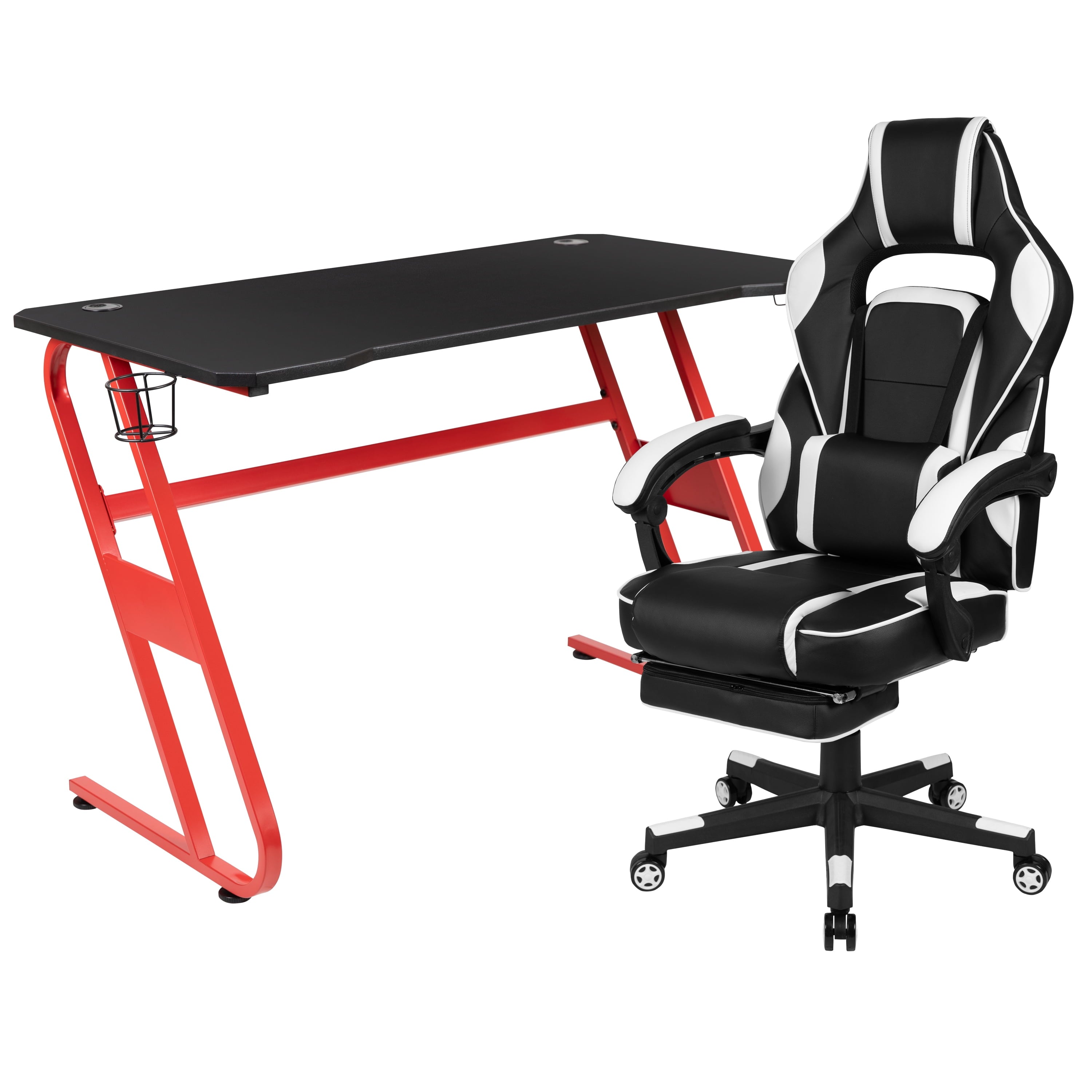 Flash Furniture Red Gaming Desk with Cup Holder/Headphone Hook & White Reclining Back/Arms Gaming Chair with Footrest