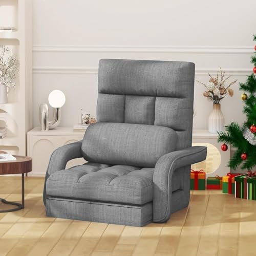 Floor Gaming Chair with 6 Adjustable Position, Foldable Lazy Sofa Chair with Armrest for Adult, Comfy Chaise Lounge Indoor, Breathable Floor Bed Sleeper for Bedroom, Yoga, Dorm