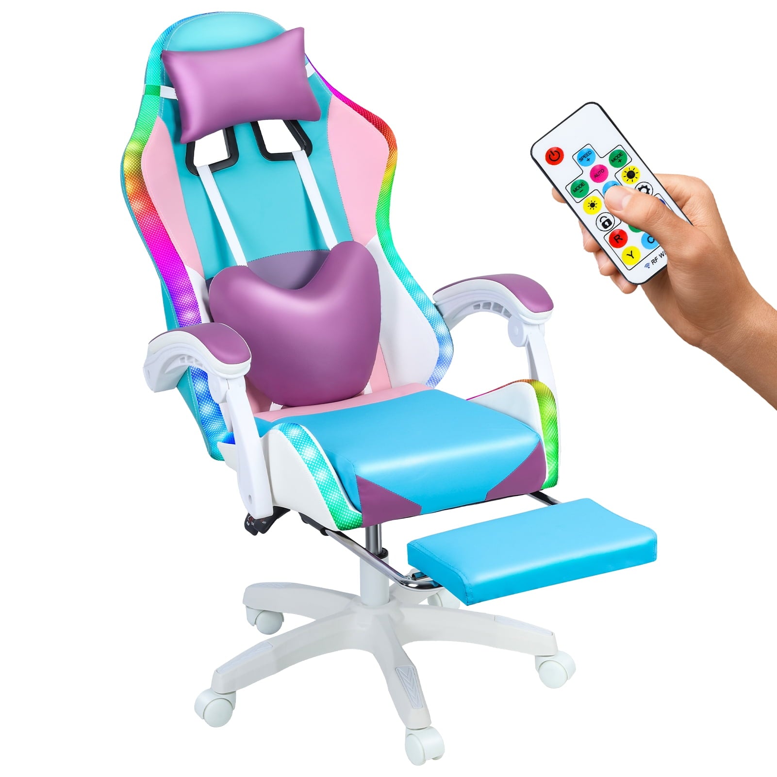 Frogued Gaming Chair with RGB LED Lights for Girls, 360-degree Swivel Base, Ergonomic Computer Chair with Massage and Footrest, Reclining Video Game Chair for Adult