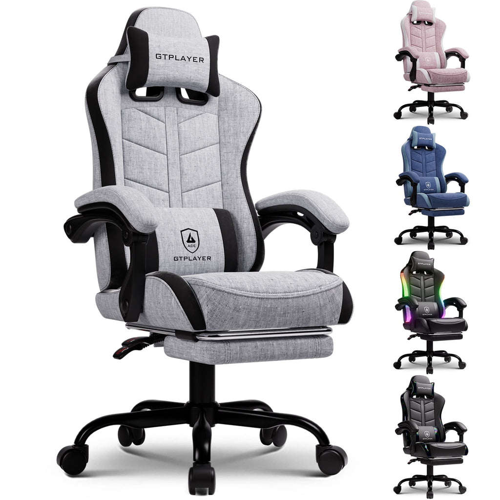 GTPLAYER Gaming Chair with Footrest, Computer Gaming Chair for Adults and Kids, Height Adjustable Gamer Chair with 90-155° Recline & Removable Headrest Lumbar Support,Gray
