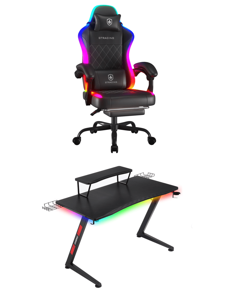 GTRACING RGB LED Gaming Chair and Z-Leg Gaming Desk, Black
