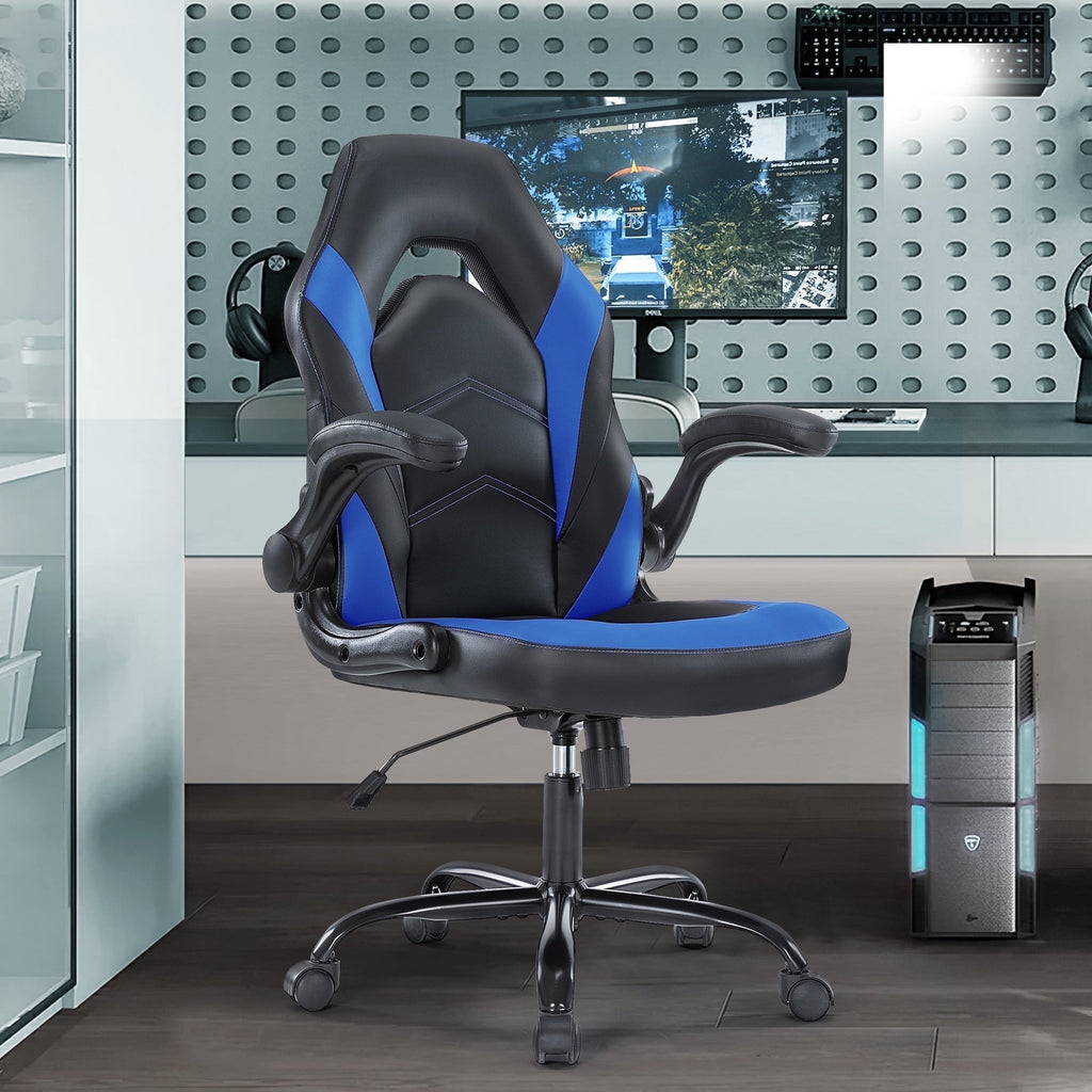 CONCETTA Gaming Chair, Ergonomic Office Chair Desk Chair with Flip-up Armrest and Height Adjustable PU Leather, Computer Chair with Lumbar Support, Black and Blue