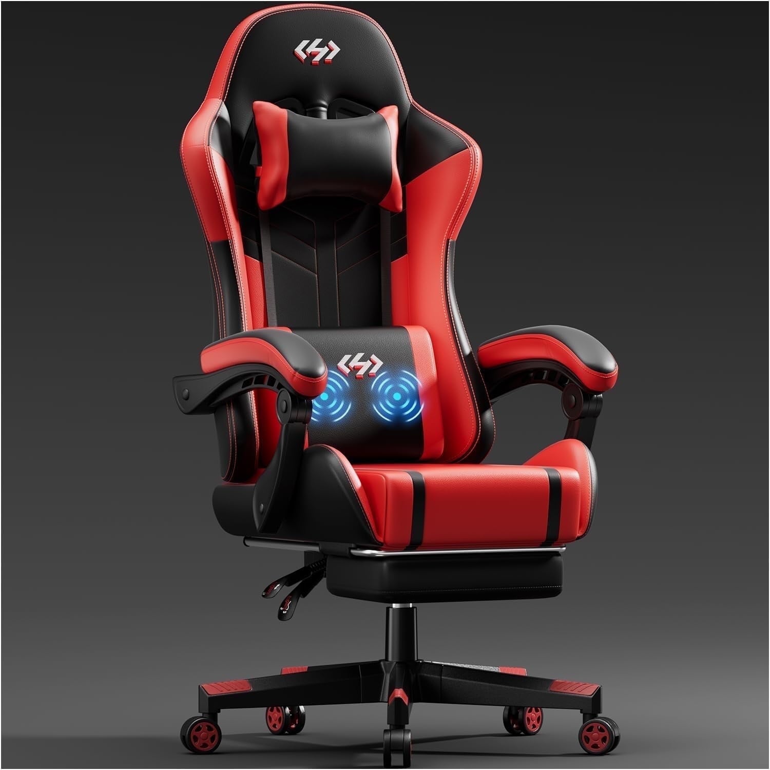 HLDIRECT Gaming Chair with Footrest, Massage Leather Game Chair, Ergonomic Gamer Chair with Lumbar Support & Headrest for Adults,White & Red