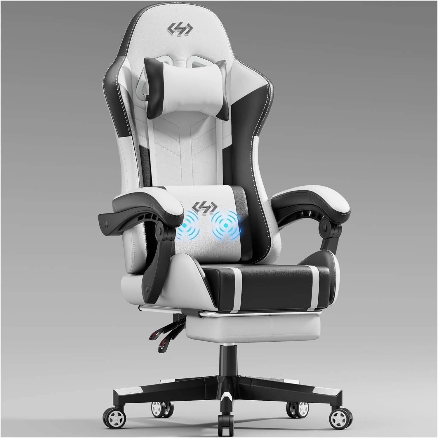 HLDIRECT Gaming Chair with Footrest, Massage Leather Game Chair, Ergonomic Gamer Chair with Lumbar Support & Headrest for Adults,White & Red