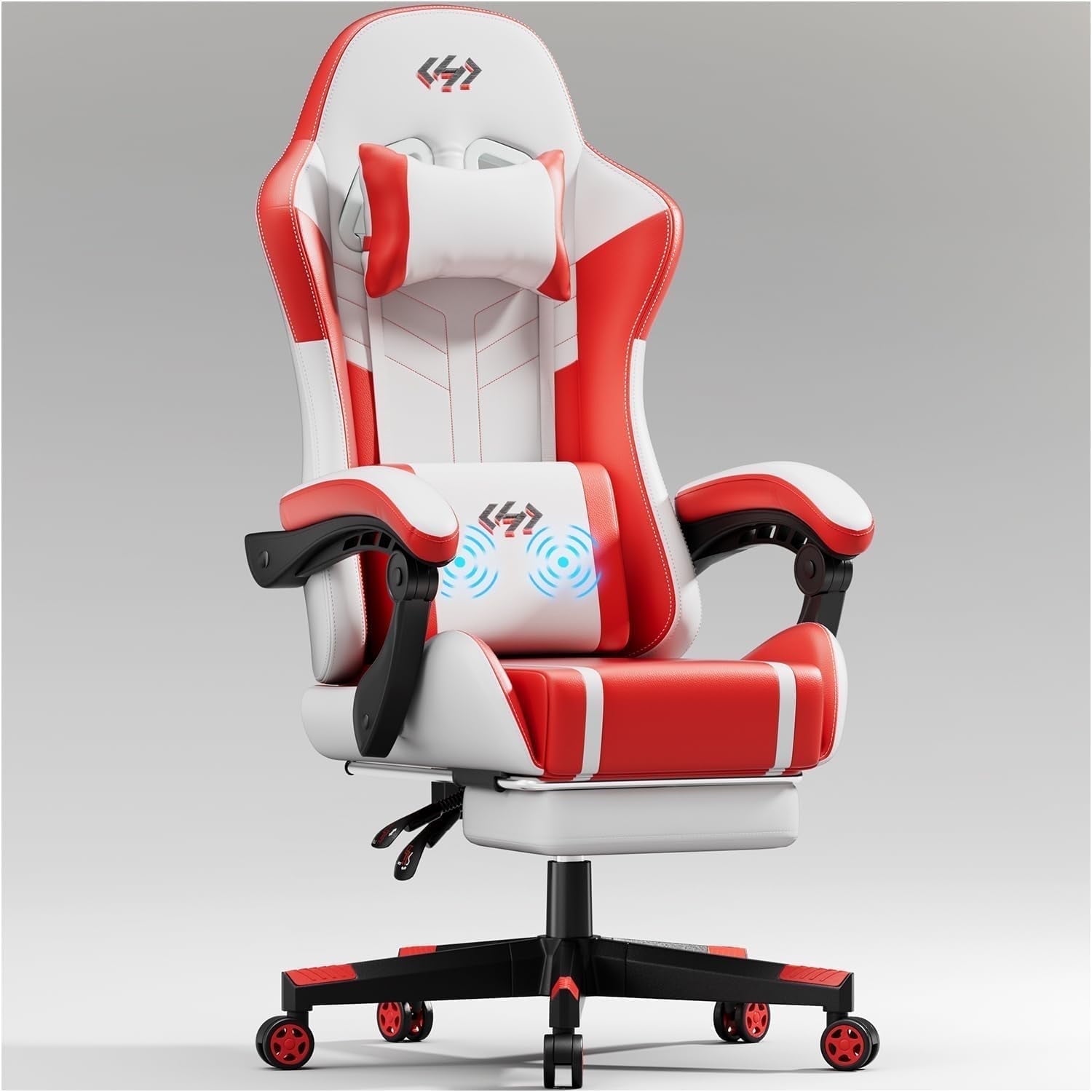 HLDIRECT Gaming Chair with Footrest, Massage Leather Game Chair, Ergonomic Gamer Chair with Lumbar Support & Headrest for Adults,White & Red