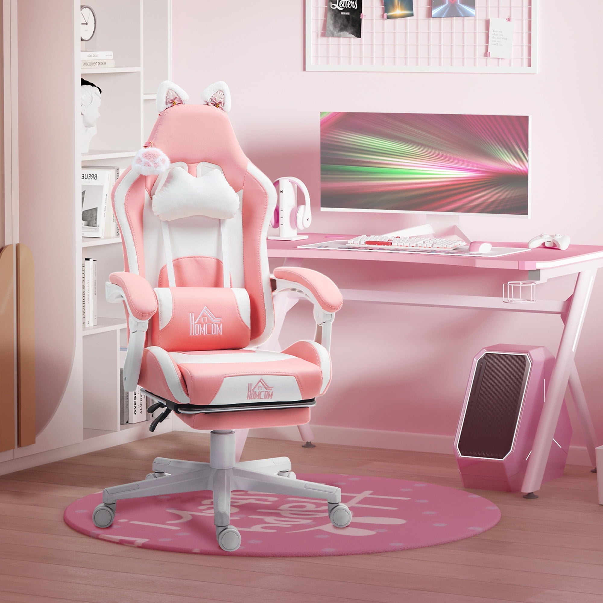 HOMCOM Cute Gaming Chair, Reclining Computer Chair with Footrest, Headrest, Lumbar Support, Height Adjustable Faux Leather Swivel Gamer Chair, Pink