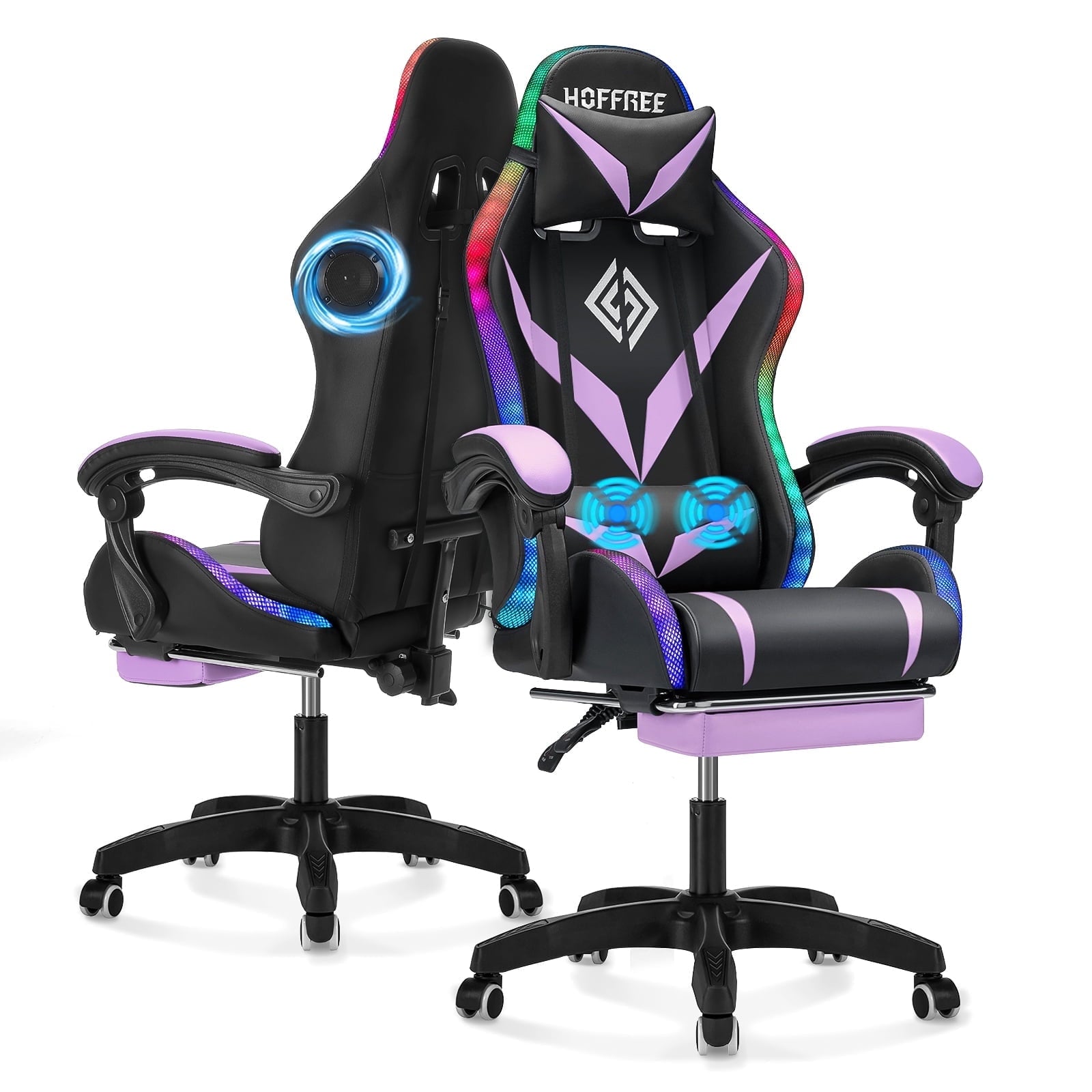 Hoffree Massage Gaming Chair Racing Office Computer Game Chair Ergonomic Backrest and Seat Height Adjustment Recliner Swivel Rocker with Headrest and Lumbar Pillow E-Sports Chair