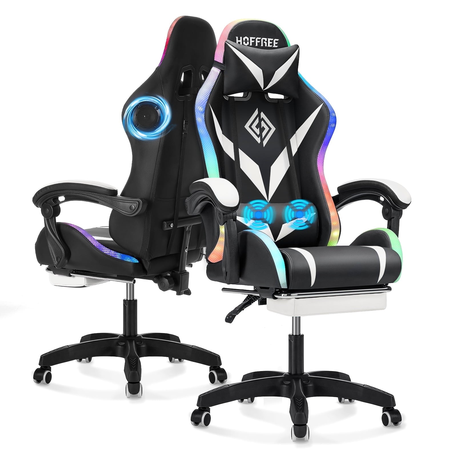 Hoffree Massage Gaming Chair Racing Office Computer Game Chair Ergonomic Backrest and Seat Height Adjustment Recliner Swivel Rocker with Headrest and Lumbar Pillow E-Sports Chair
