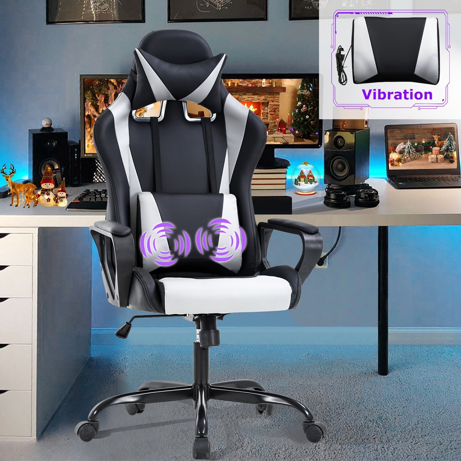 NiamVelo PC Gaming Chair Adjustable Swivel Gamer Chair High Back PU Leather Racing Chair with Lumbar Support &Headrest  White