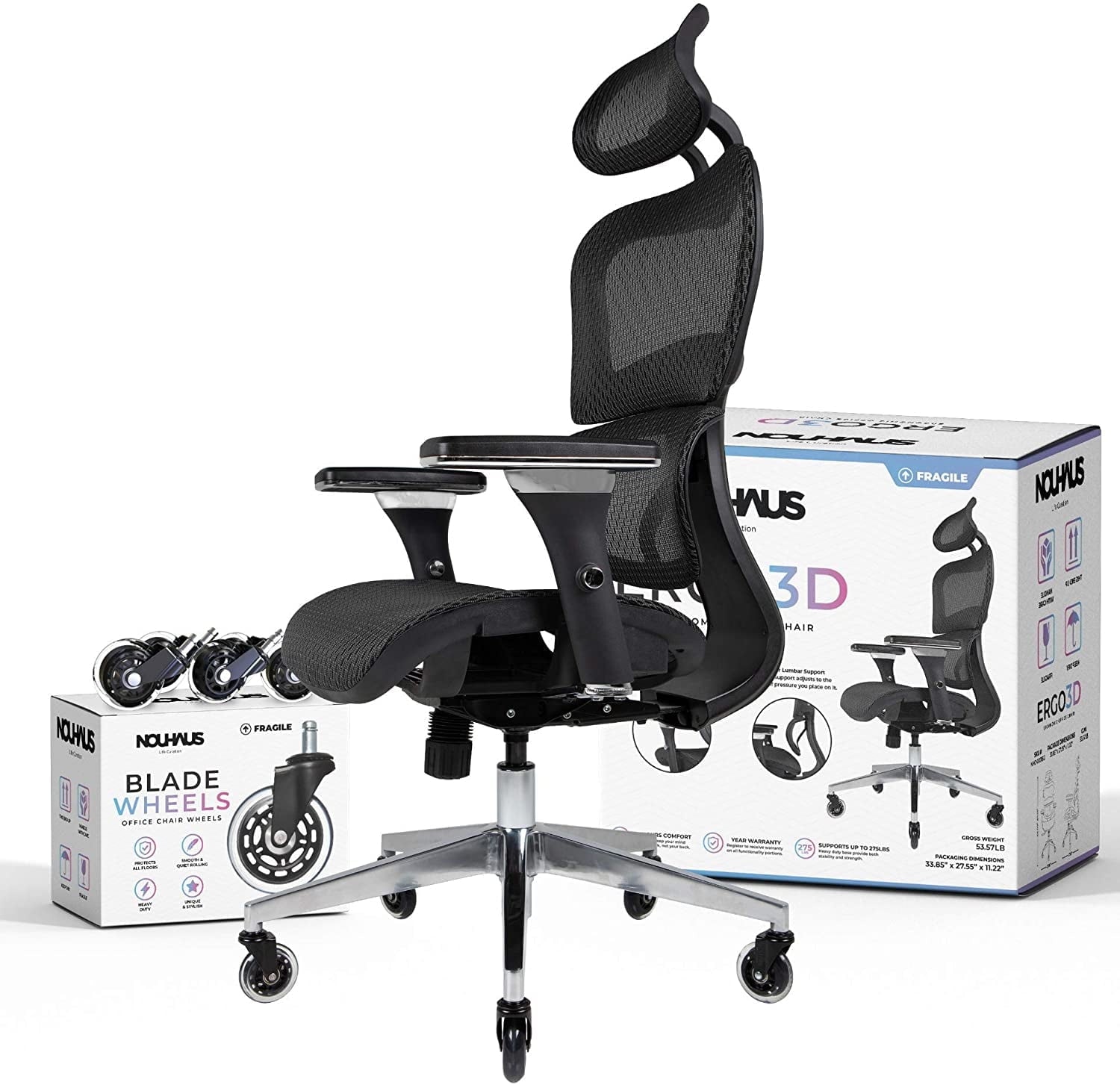 Nouhaus Ergo 3D Mesh High Back Ergonomic Office Desk Chair for Long Hours with Lumbar Support and Adjustable Headrest