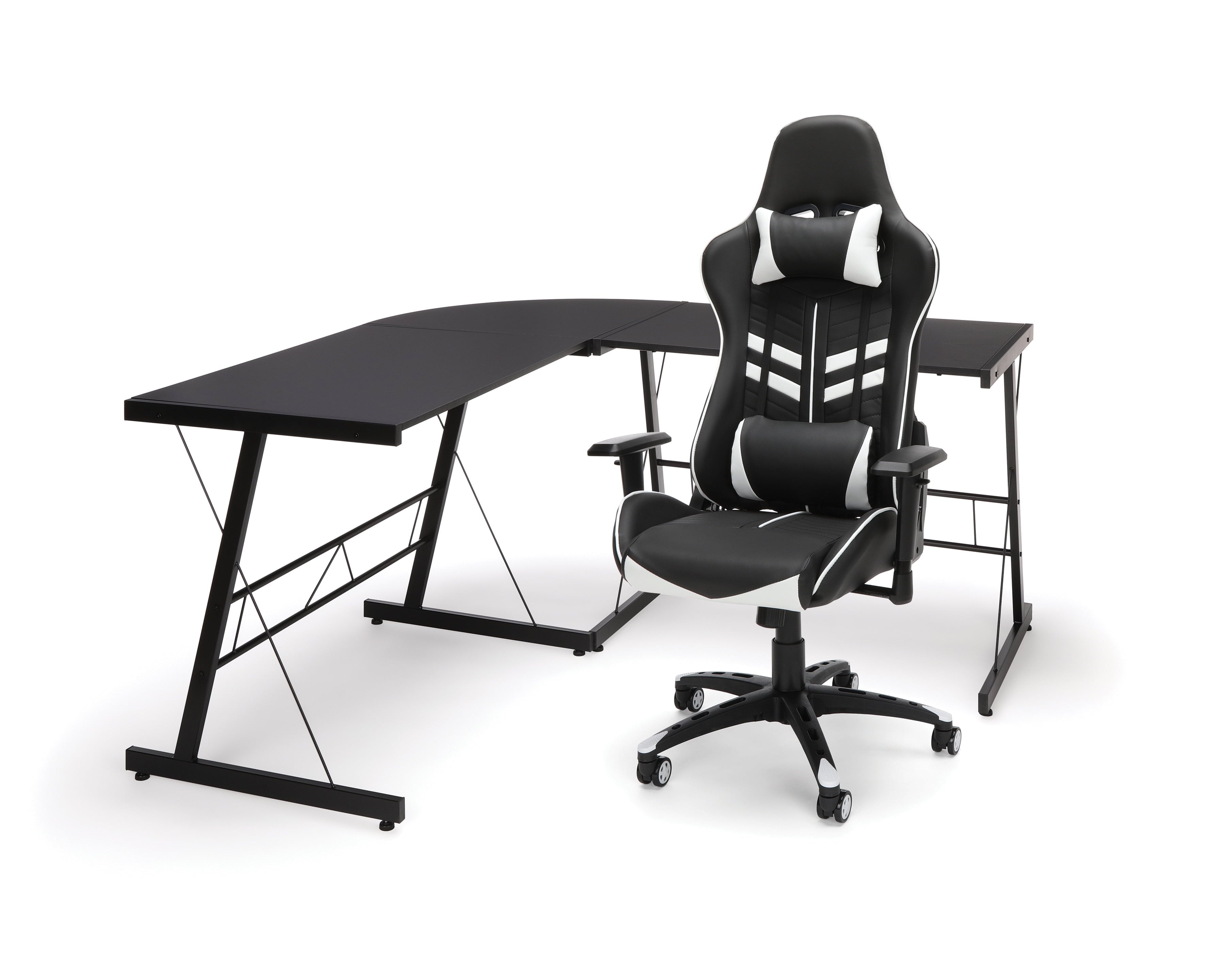 OFM Essentials Collection Racing Style Gaming Chair and 60" L-Shaped Desk, Office Bundle, in White/Black (PKG-W-E02-WH-BLK)