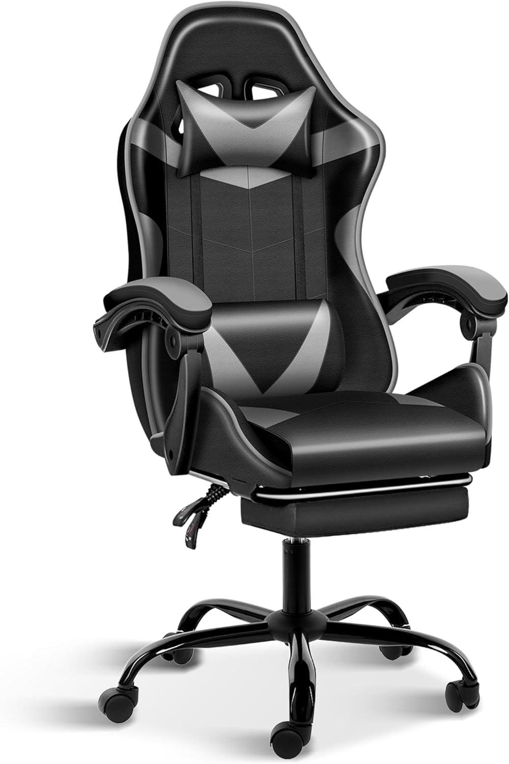 YUONAO White Gaming Chair with Footrest, Big and Tall Gamer Chair, Racing Style Adjustable Swivel Office Chair, Ergonomic Video Game Chairs with Headrest and Lumbar Support-Grey/White With Footrest