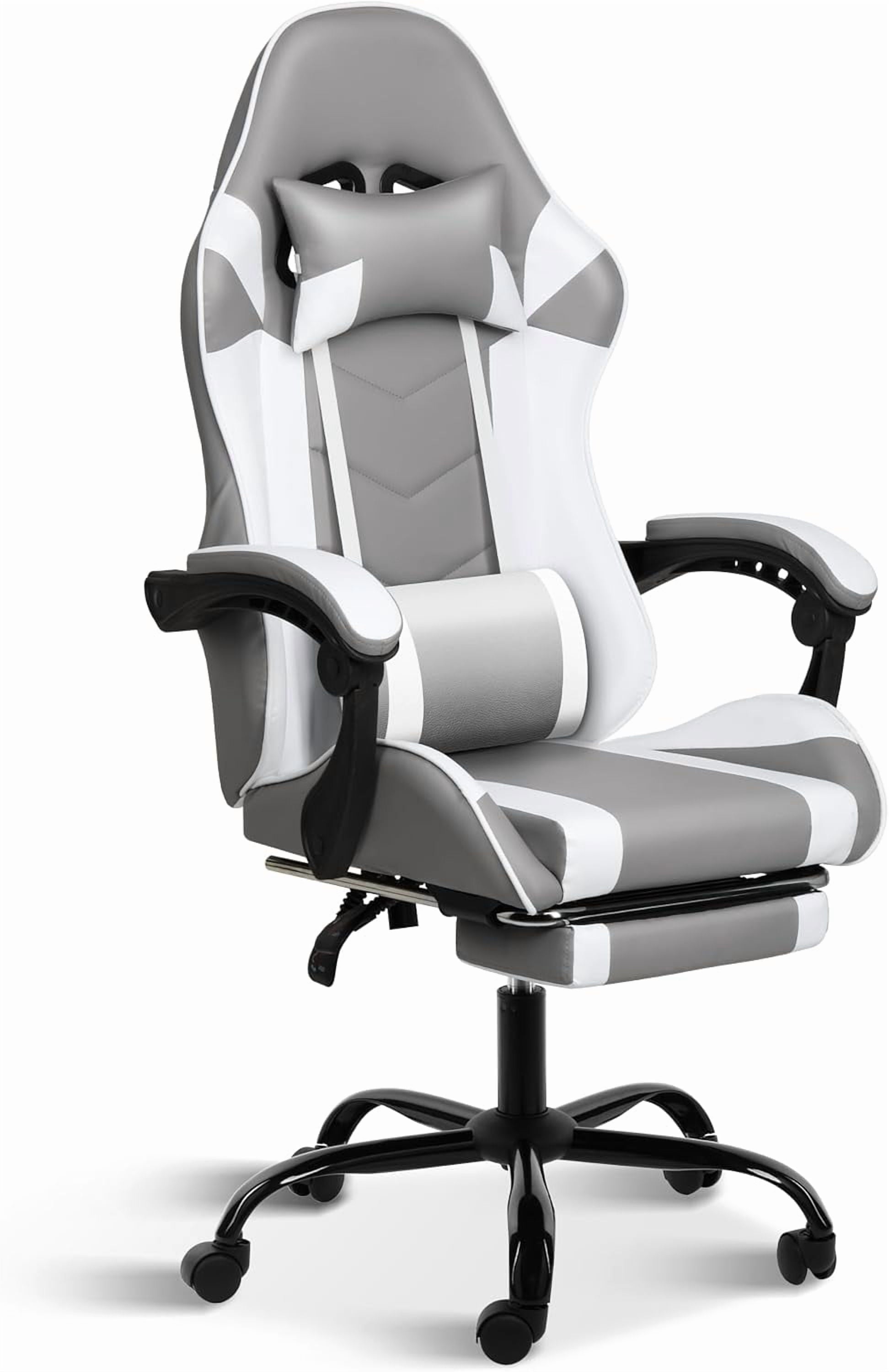 YUONAO White Gaming Chair with Footrest, Big and Tall Gamer Chair, Racing Style Adjustable Swivel Office Chair, Ergonomic Video Game Chairs with Headrest and Lumbar Support-Grey/White With Footrest