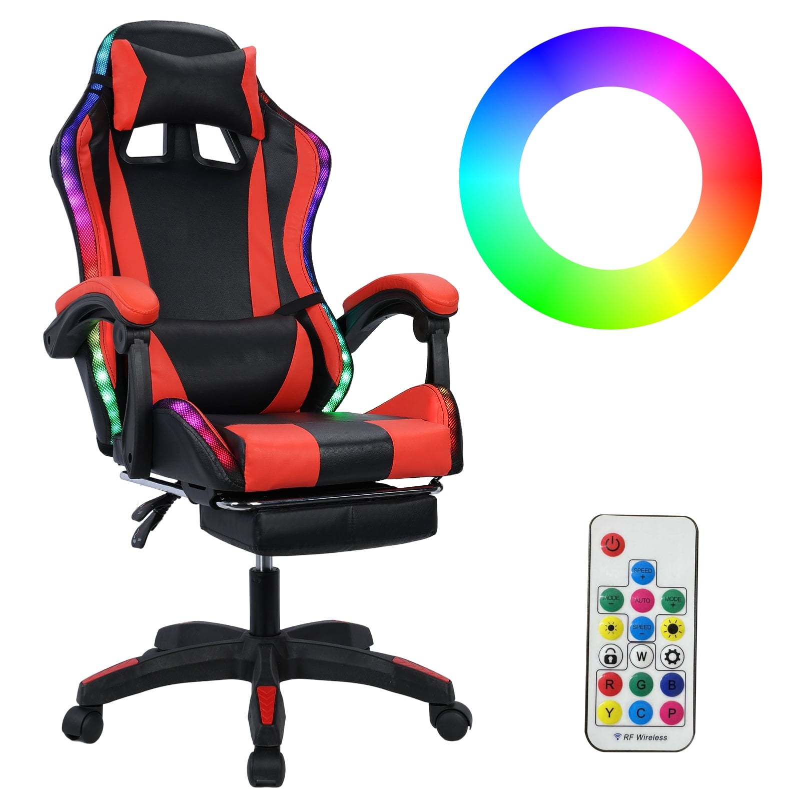 Zksm Gaming Chair, Computer Chair with Bluetooth Speakers,RGB Lights,Footrest and Lumbar Support, Height Adjustable Video Game Chair Office Desk Chair, Black & Red