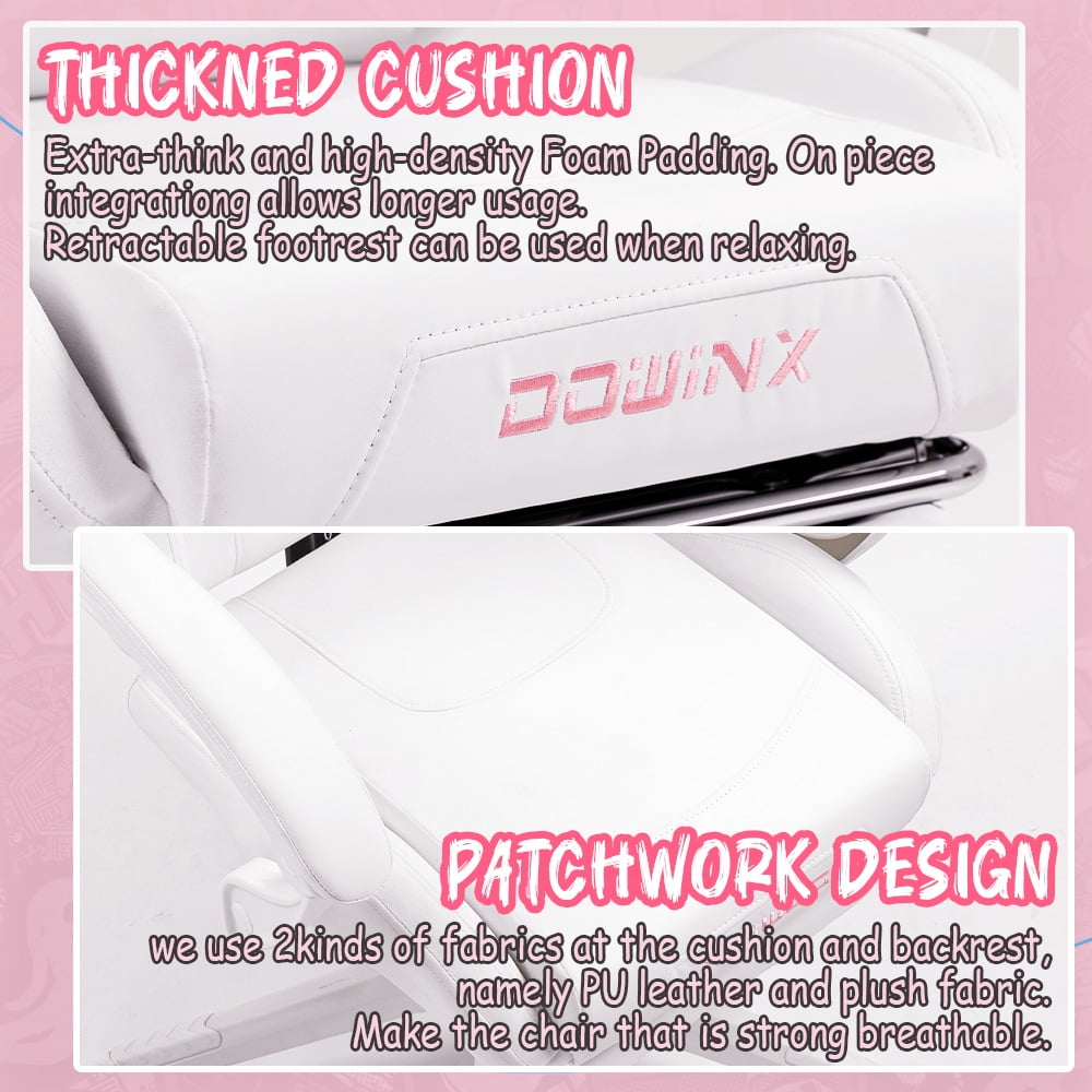 Dowinx Gaming Chair with Cat Ears, Massage Lumbar & Footrest - Ergonomic Reclining Computer Chair for Girls, 290LBS, White