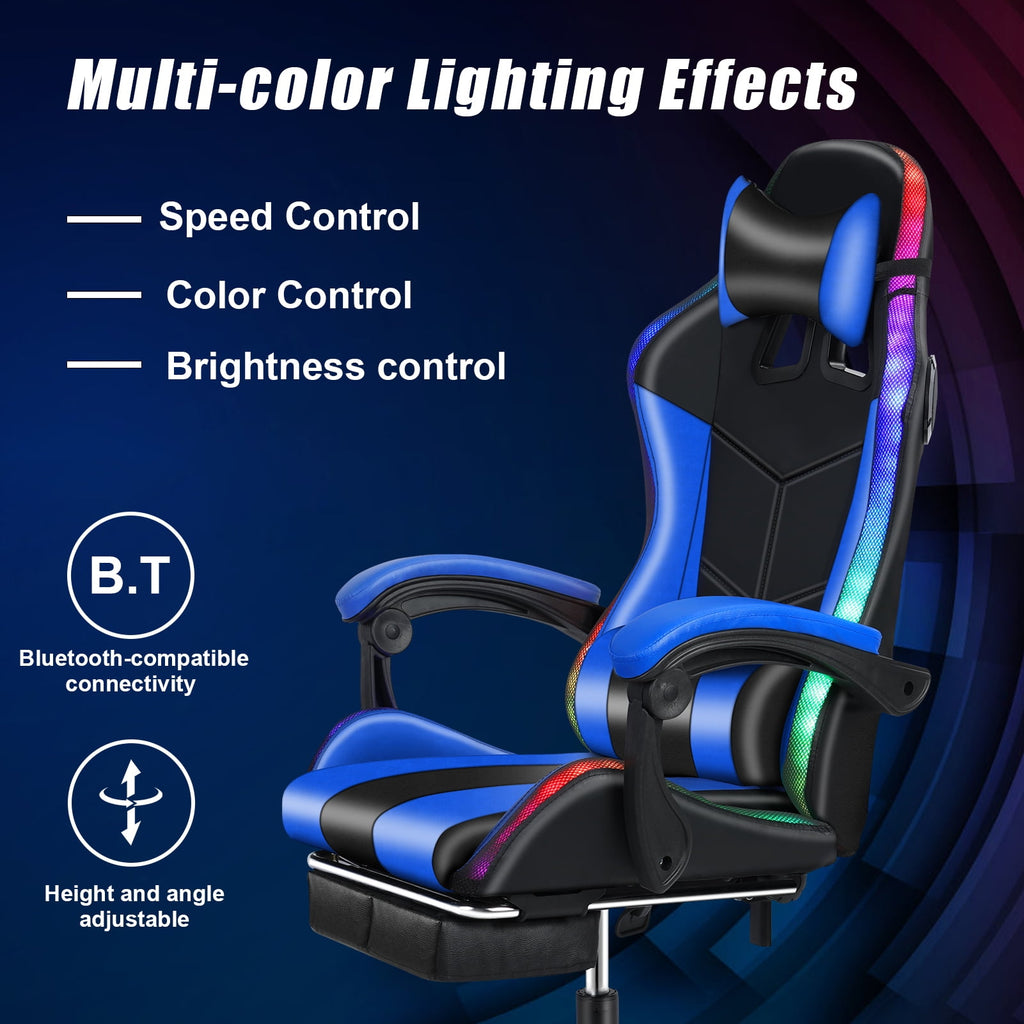 Nanly RGB Gaming Chair, Ergonomic Massage Computer Chair with Bluetooth Speakers and LED Lights Height Adjustable Swivel Chair with Lumbar Support