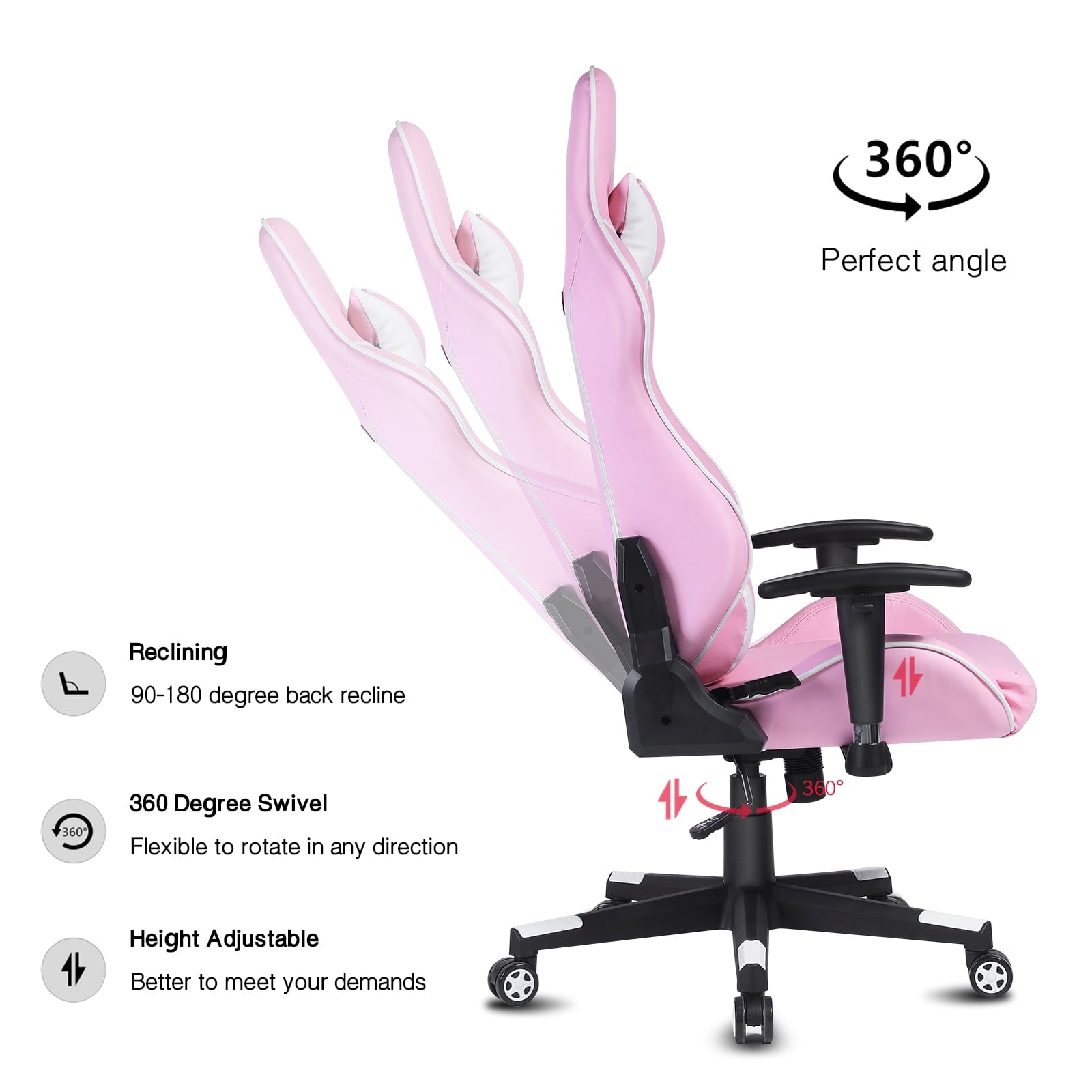 High-Back Swivel Gaming Chair Recliner Racing Style Ergonomic Office Desk Reclining Chair with Headrest and Lumbar Support, Pink White