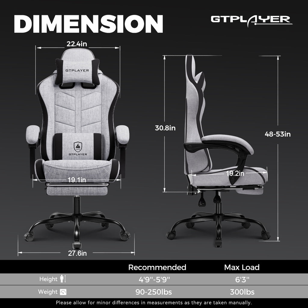 GTPLAYER Gaming Chair with Footrest, Computer Gaming Chair for Adults and Kids, Height Adjustable Gamer Chair with 90-155° Recline & Removable Headrest Lumbar Support,Gray