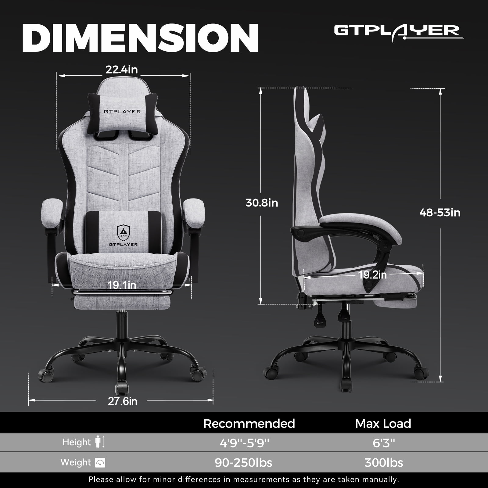 GTPLAYER Gaming Chair with Footrest, Computer Gaming Chair for Adults and Kids, Height Adjustable Gamer Chair with 90-155° Recline & Removable Headrest Lumbar Support,Gray
