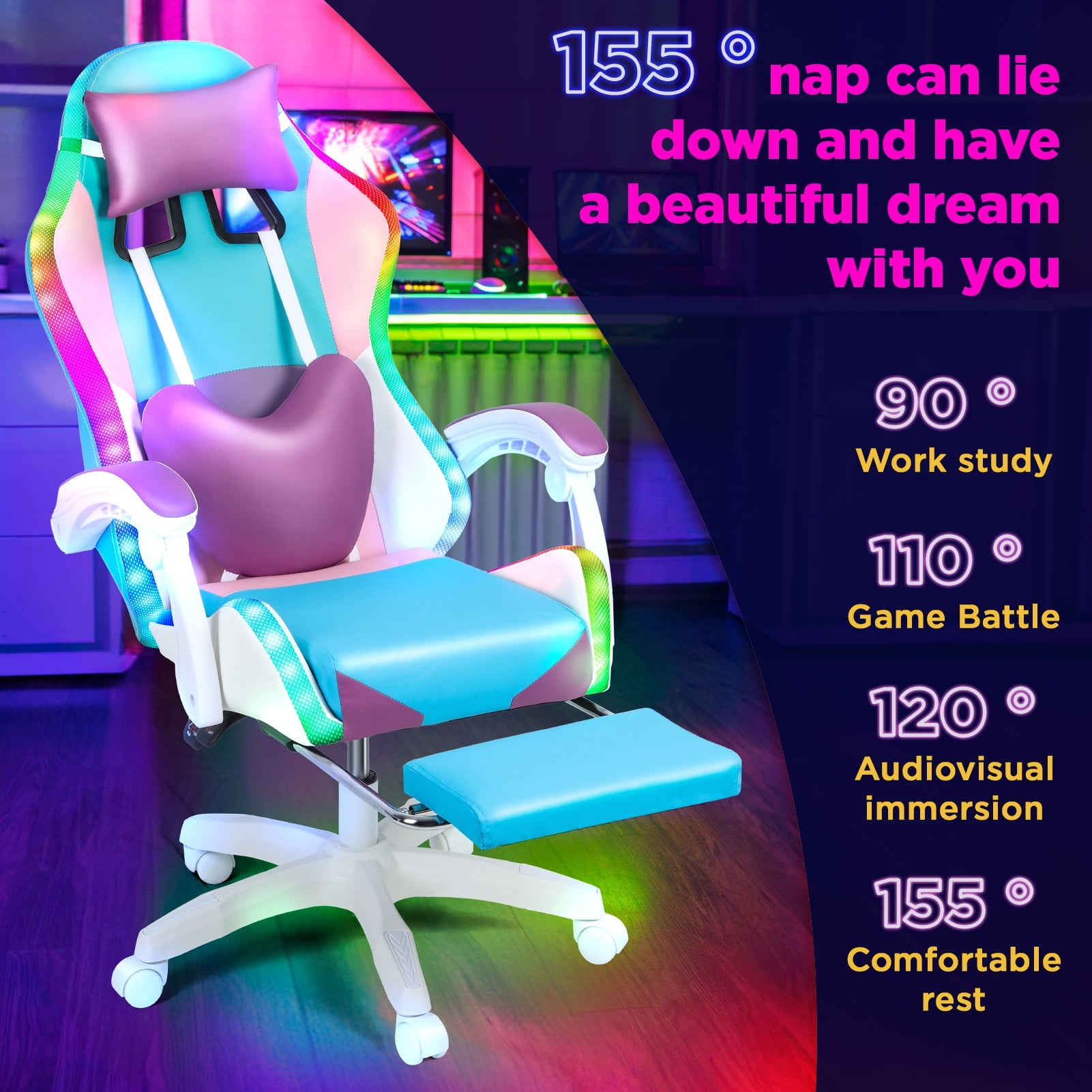 Frogued Gaming Chair with RGB LED Lights for Girls, 360-degree Swivel Base, Ergonomic Computer Chair with Massage and Footrest, Reclining Video Game Chair for Adult