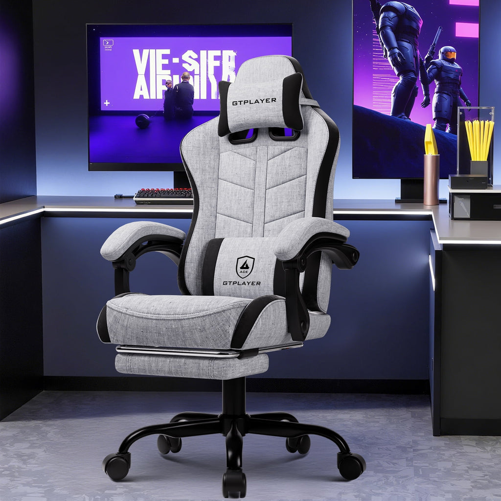 GTPLAYER Gaming Chair with Footrest, Computer Gaming Chair for Adults and Kids, Height Adjustable Gamer Chair with 90-155° Recline & Removable Headrest Lumbar Support,Gray