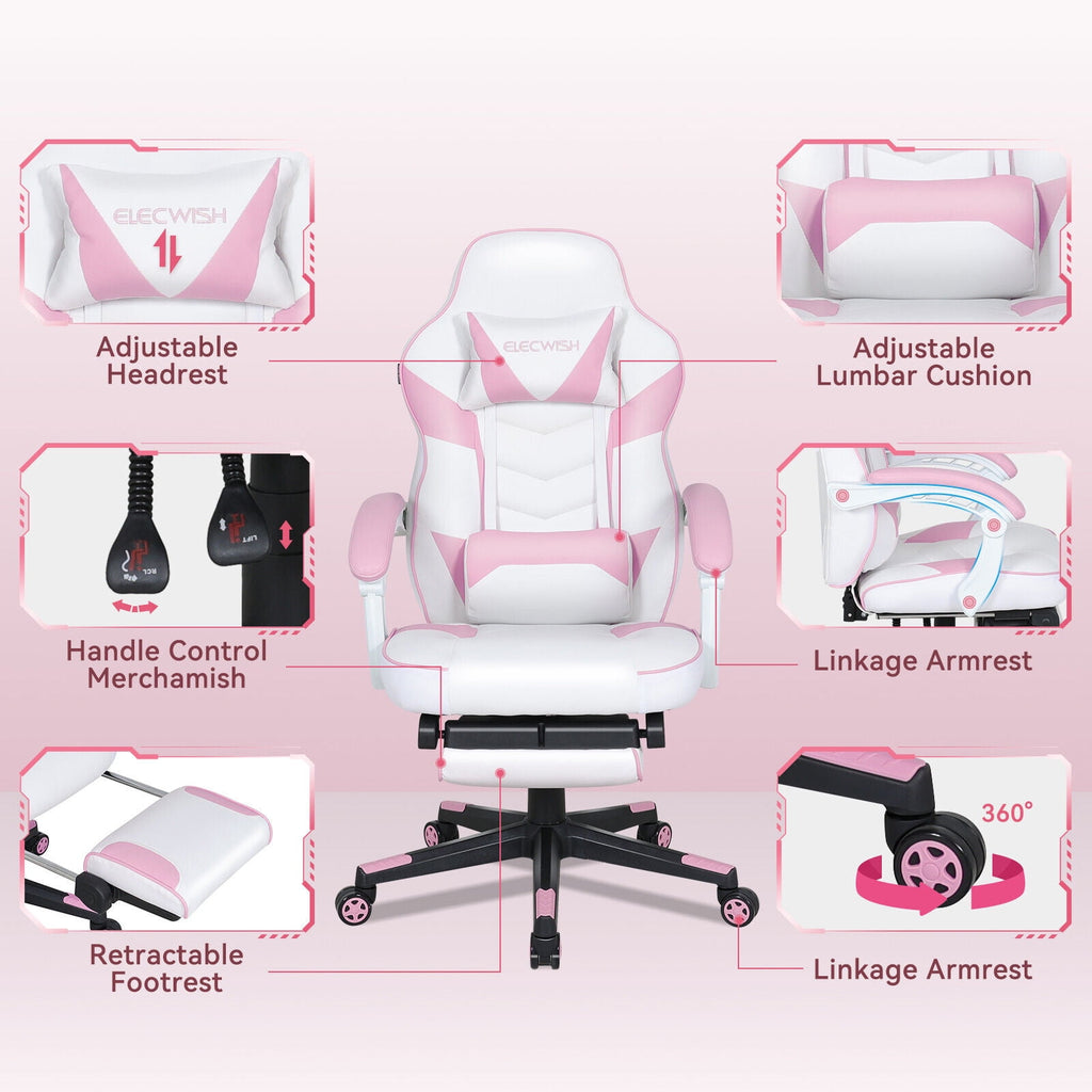 FULLWATT Video Gaming Chair Office Chair Ergonomic PC Computer Chair Reclining Racing Chair with High Back Swivel Executive Office Desk Chair with Extendable Footrest Adjustable Lumbar Pillow Pink