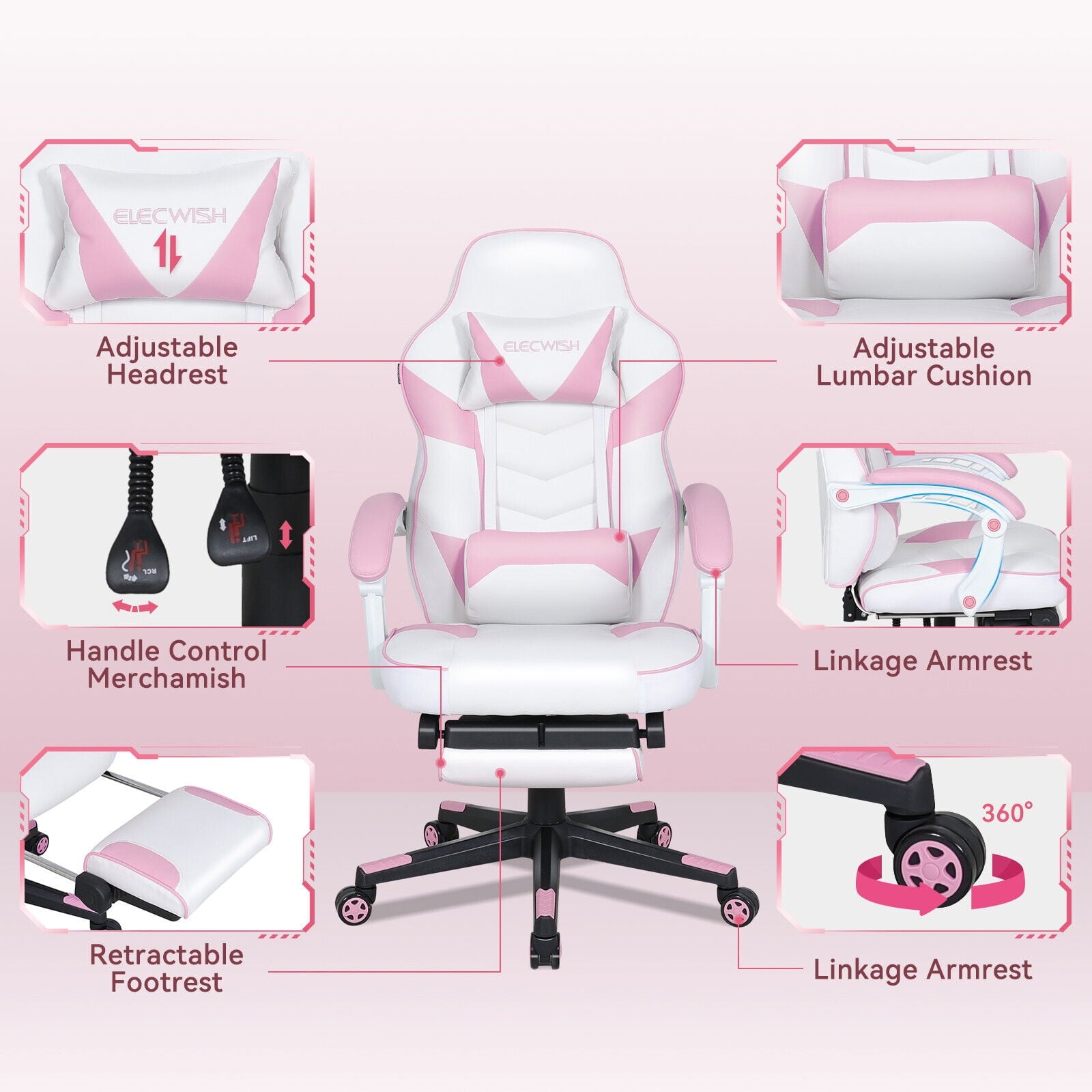 FULLWATT Video Gaming Chair Office Chair Ergonomic PC Computer Chair Reclining Racing Chair with High Back Swivel Executive Office Desk Chair with Extendable Footrest Adjustable Lumbar Pillow Pink