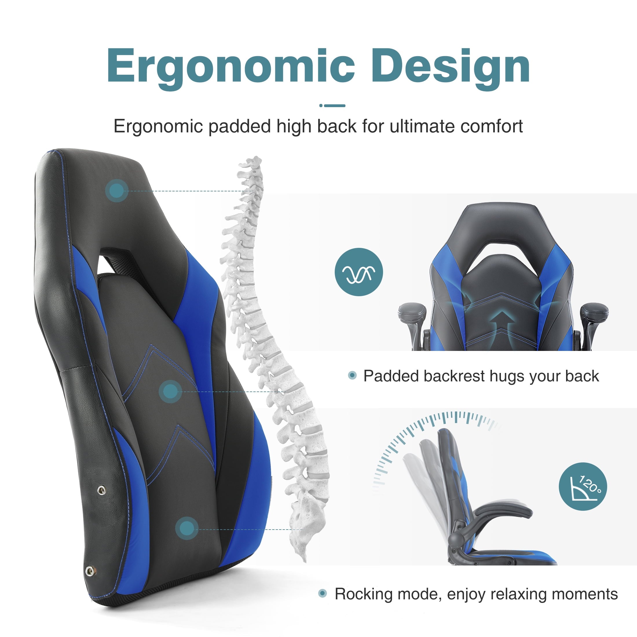 CONCETTA Gaming Chair, Ergonomic Office Chair Desk Chair with Flip-up Armrest and Height Adjustable PU Leather, Computer Chair with Lumbar Support, Black and Blue