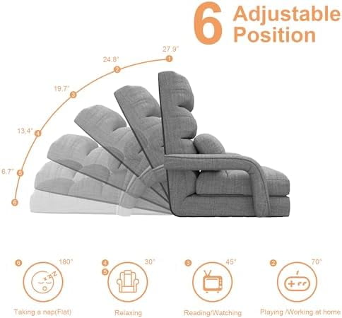 Floor Gaming Chair with 6 Adjustable Position, Foldable Lazy Sofa Chair with Armrest for Adult, Comfy Chaise Lounge Indoor, Breathable Floor Bed Sleeper for Bedroom, Yoga, Dorm