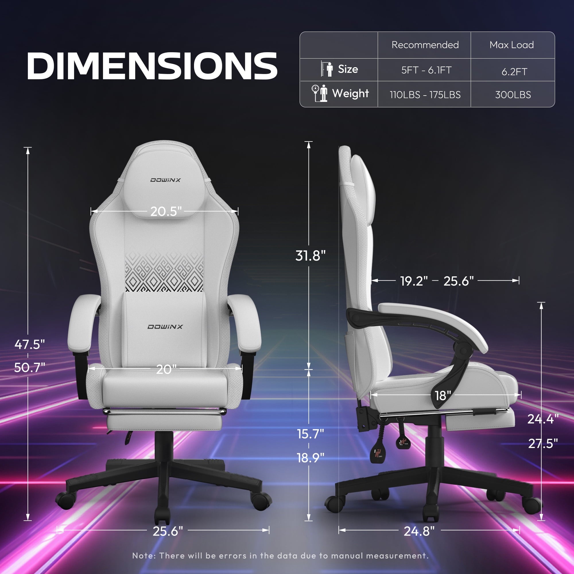 Dowinx RGB LED Gaming Chair with Massage Lumbar Support & Footrest - Ergonomic PU Leather Video Game Chair for Adults, White