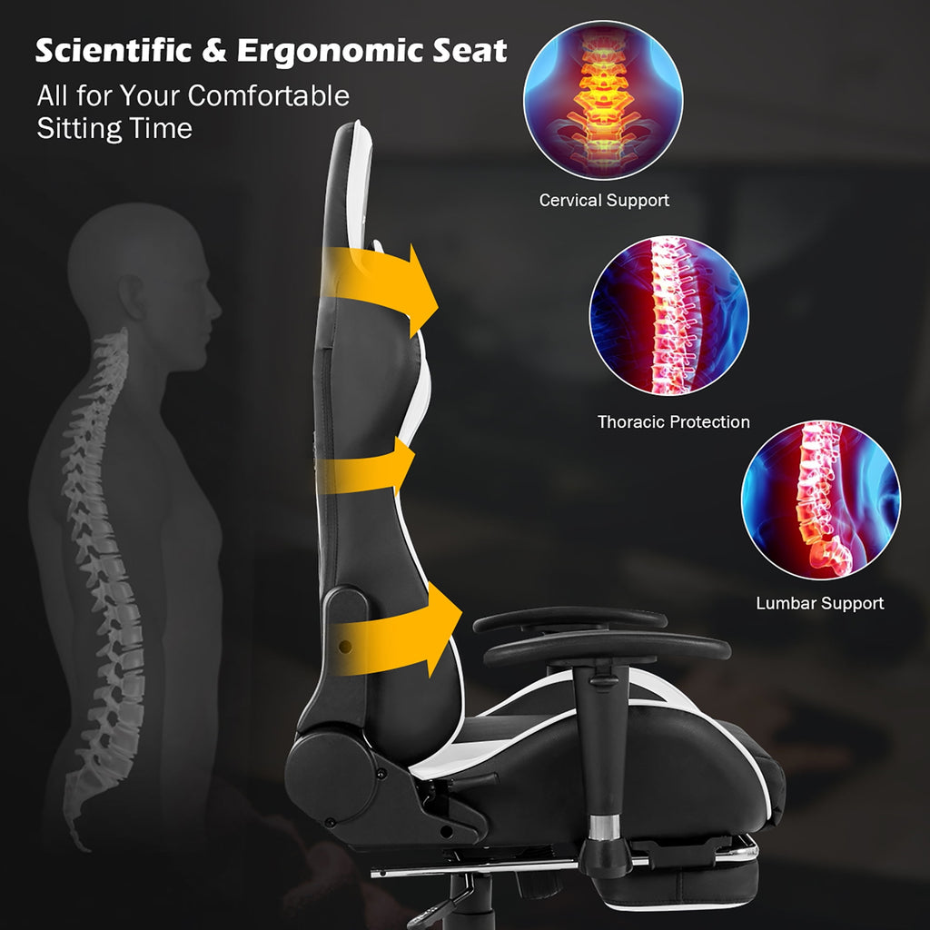 Costway Adjustable High Back Racing Gaming Chair with Footrest and Lumbar Massage, White