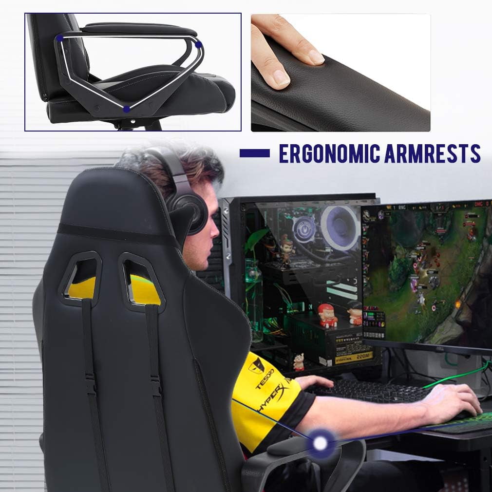 Ergonomic Racing Desk Chair - High-Back Gaming Chair & Office Computer Chair with Adjustable Lumbar Support, Headrest, 360° Swivel & PU Leather for Adults, Men, Women (White)