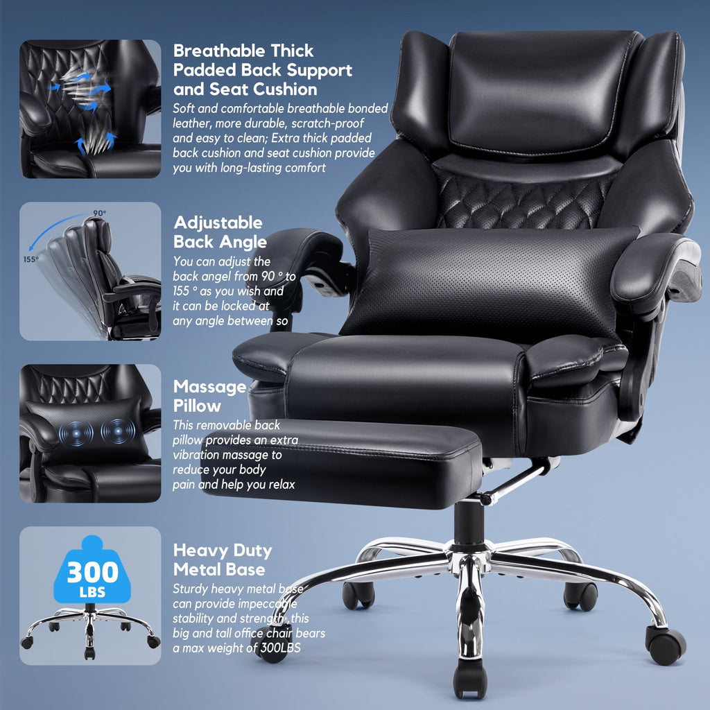 WOSDOM Gaming Chair with Massage Lumbar Support, Reclining Office Desk Chair, Comfortable Tall Computer Chair, Black, 300lbs