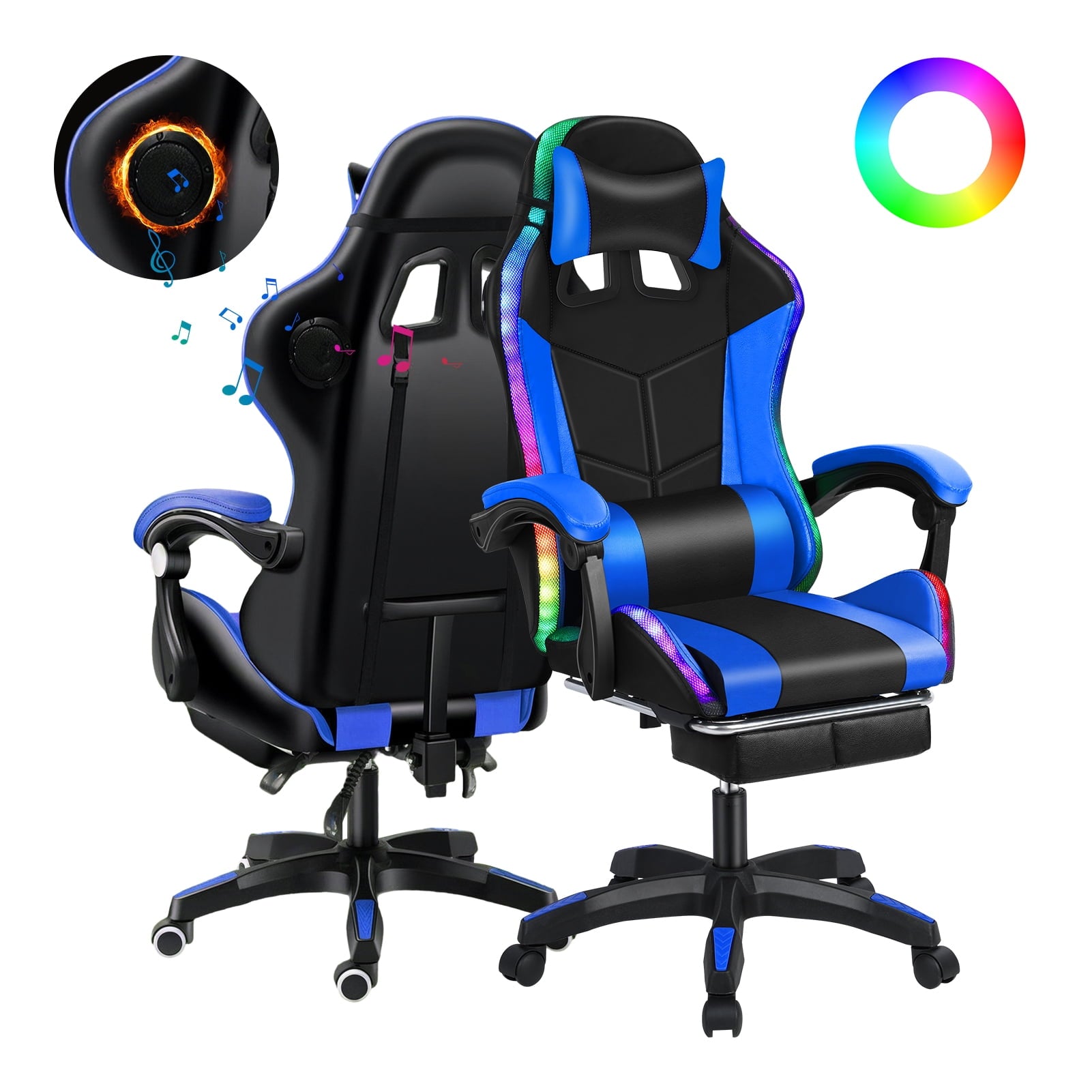 Nanly RGB Gaming Chair, Ergonomic Massage Computer Chair with Bluetooth Speakers and LED Lights Height Adjustable Swivel Chair with Lumbar Support