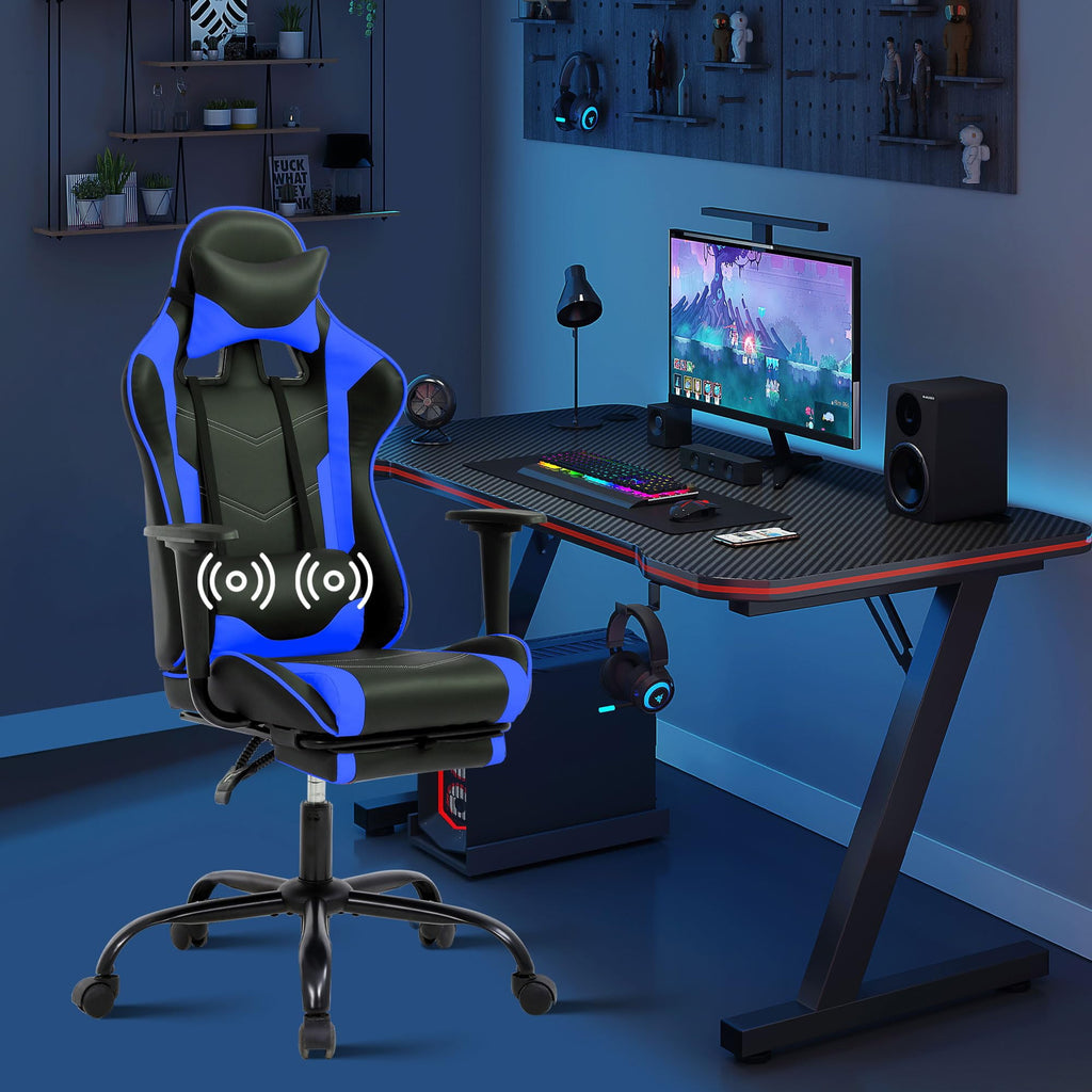 CL.HPAHKL Ergonomic Gaming Chair, PU Leather Recliner with Headrest Armrest Footrest Video Gamer Chair with Massage Lumbar Support Recliner Game Chair with 360° Swivel Seat, Blue