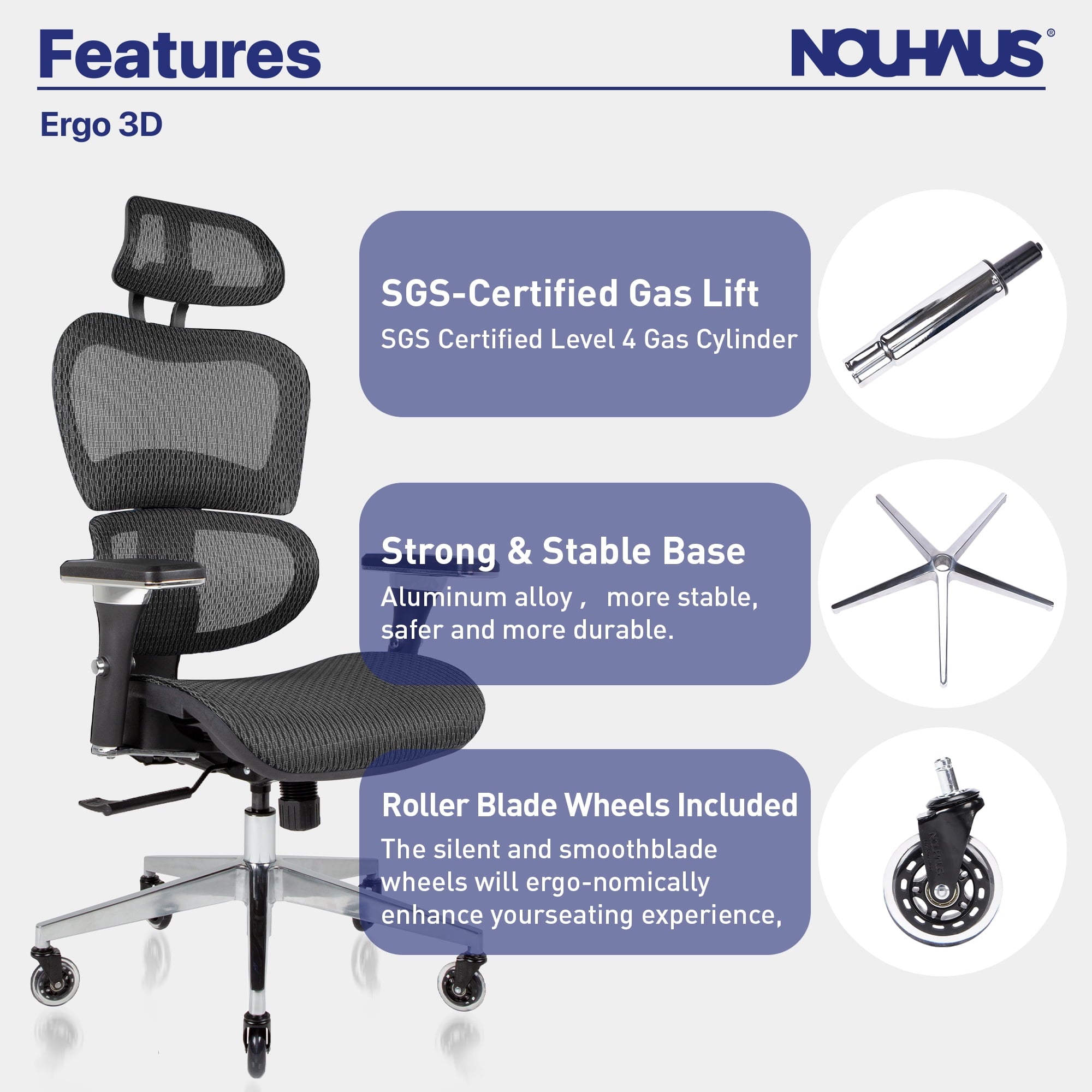 Nouhaus Ergo 3D Mesh High Back Ergonomic Office Desk Chair for Long Hours with Lumbar Support and Adjustable Headrest