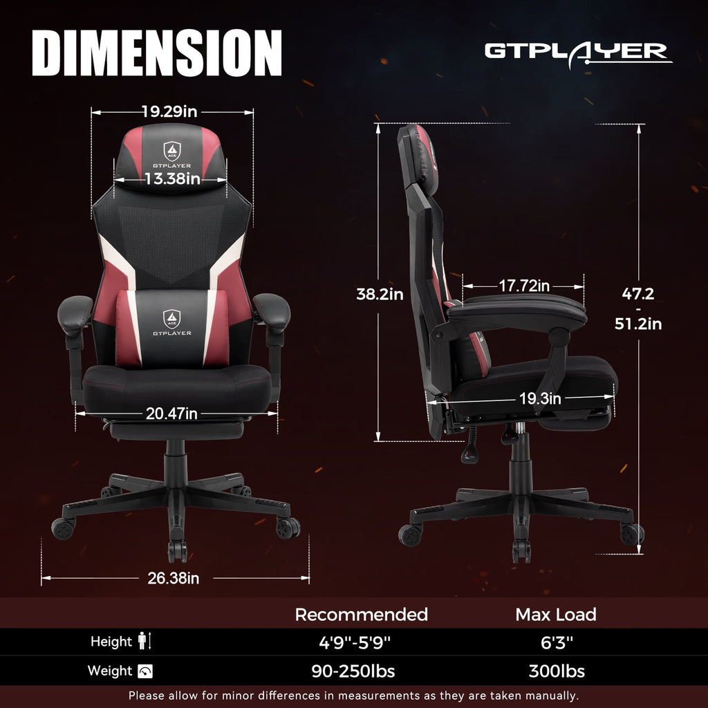GTPLAYER Ergonomic Mesh Back Reclining Gaming Office Chair with Footrest, Red