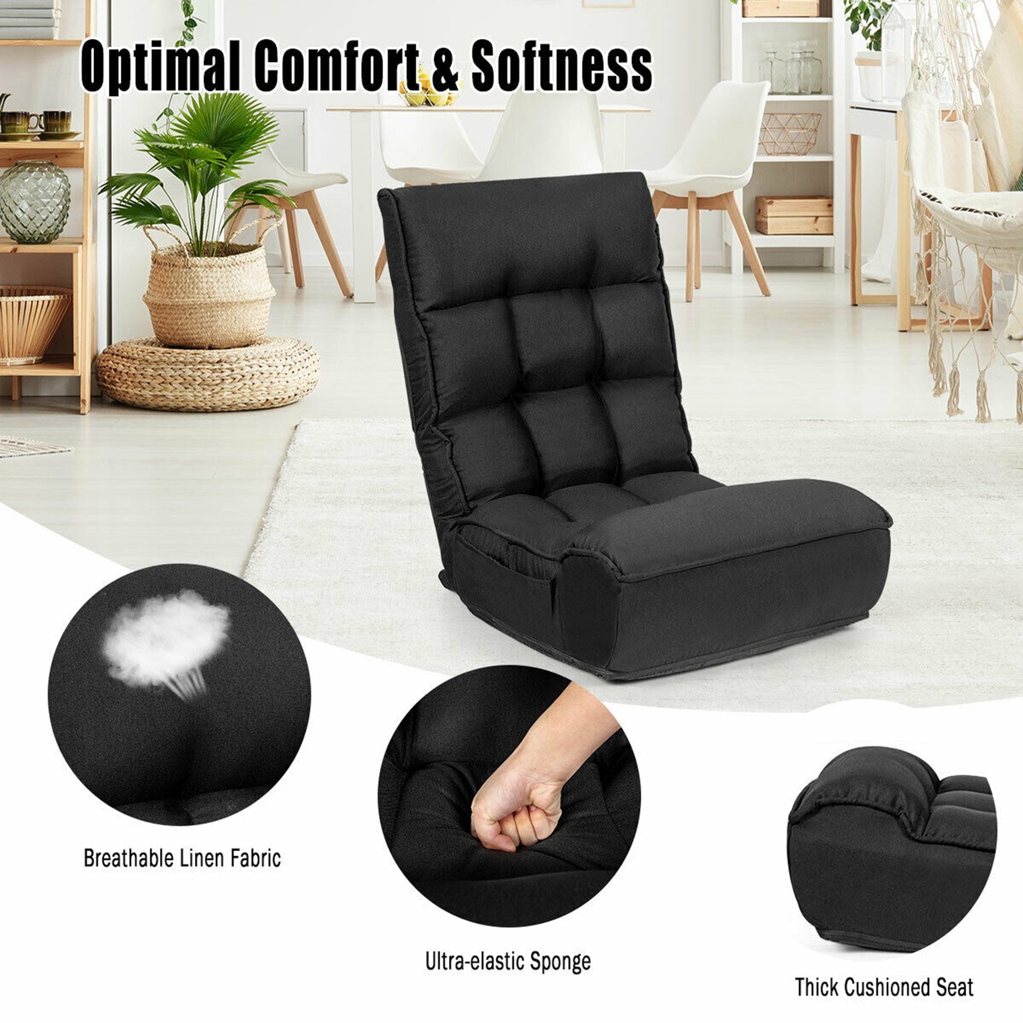 Gymax 4-Position Floor Chair Folding Lazy Sofa w/Adjustable Backrest & Headrest Black