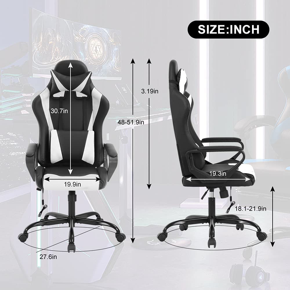 Dkelincs Massage Gaming Chair Adjustable Computer Game Chair with Headrest Ergonomic Office Chair with Armrest & Massage Lumbar Support for Teens & Kids, White