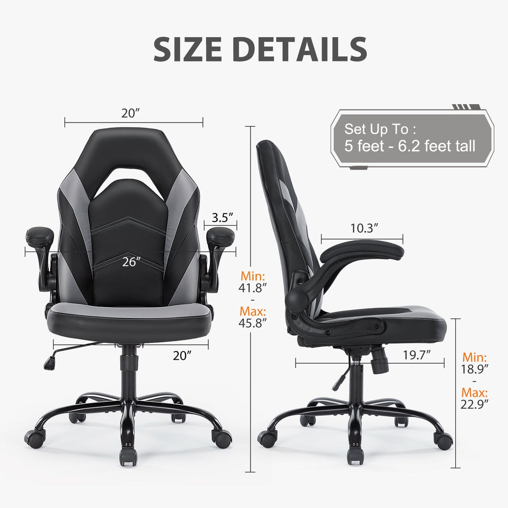 GIANNA Computer Gaming Chair, Ergonomic PU Leather Racing Chair with Flip-up Armrest, Black Grey
