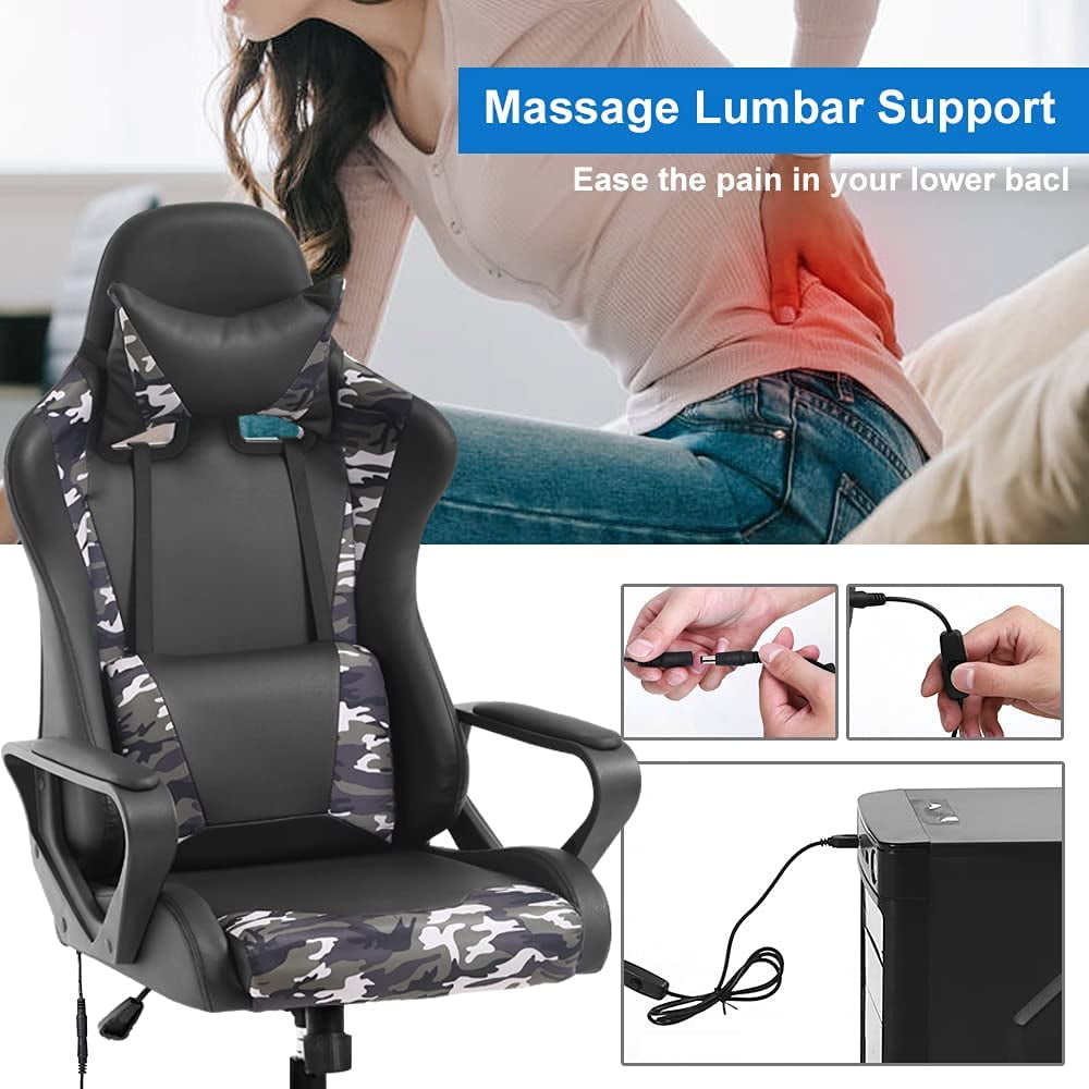 Dkelincs PC Gaming Chair Massage Computer Desk Chair with Headrest Adjustable Office Chair with Armrest & Massage Lumbar Support for Teens & Kids, CAMO