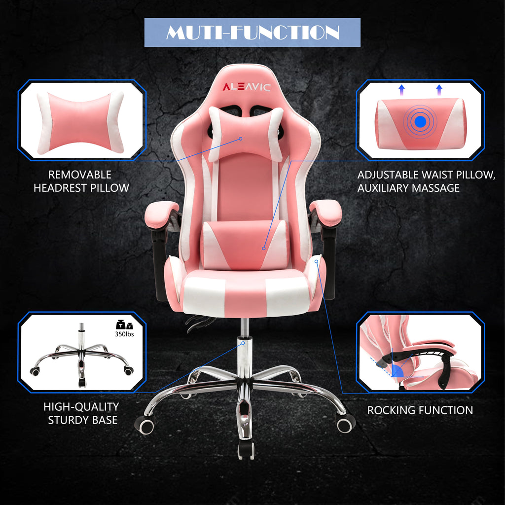 ALEAVIC Ergonomic Gaming Chair, Adjustable PU Leather Gaming Chair for Adults, Pink