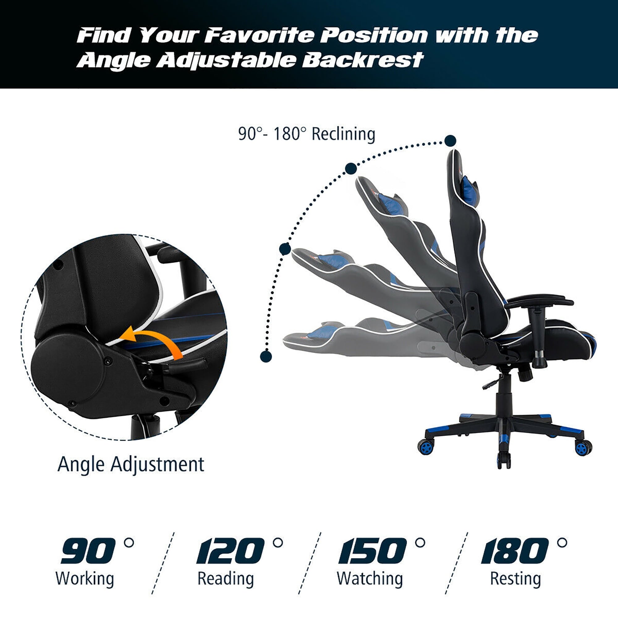 Goplus Massage Gaming Chair Racing Computer Swivel Chair with Headrest & Lumbar Support Blue