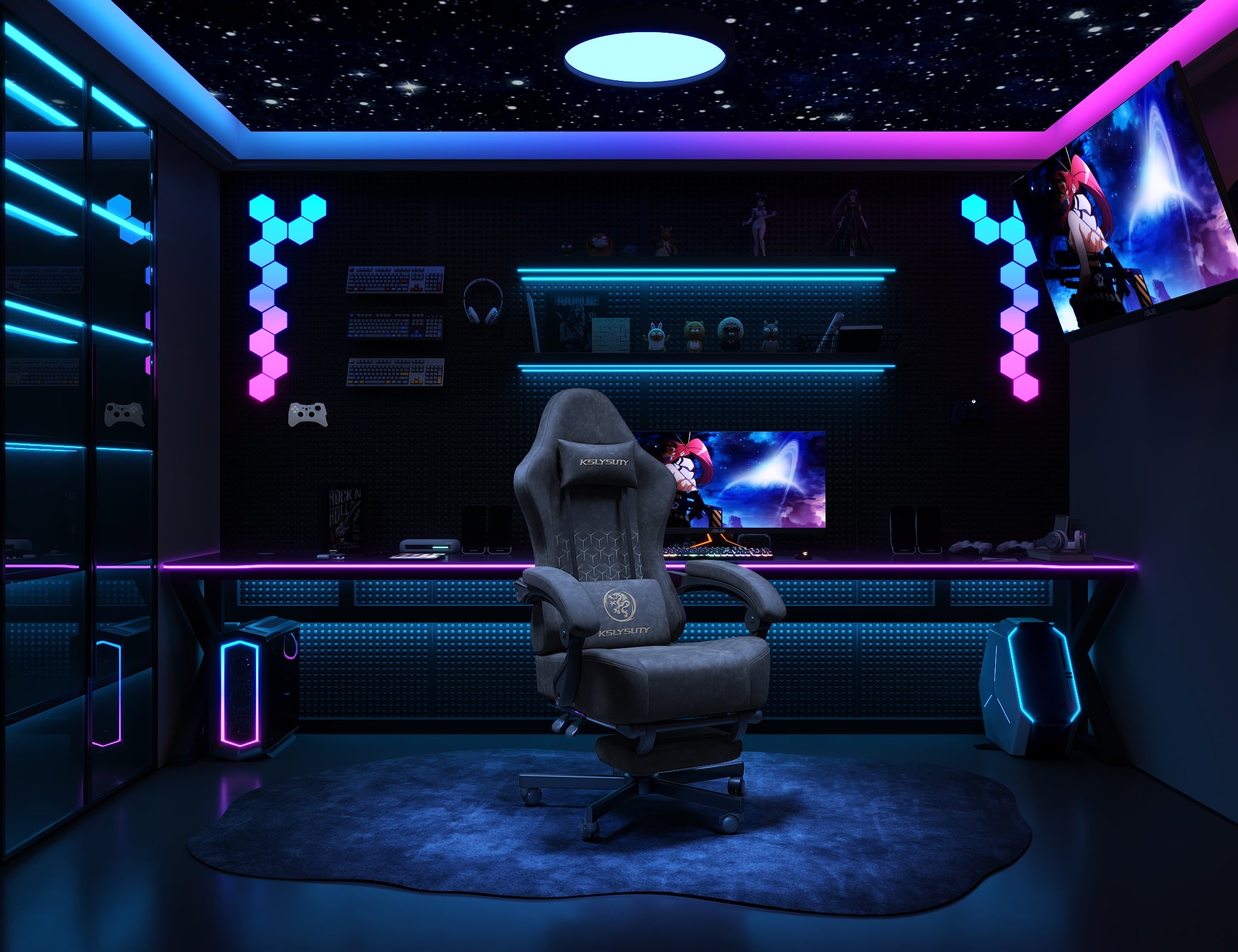 Kslysuty Gaming Chair with Pocket, Wide and High Ergonomic Leather Office Chair with Headrest, Computer Gaming Chair with Footrest for Adult and Teen, Grey