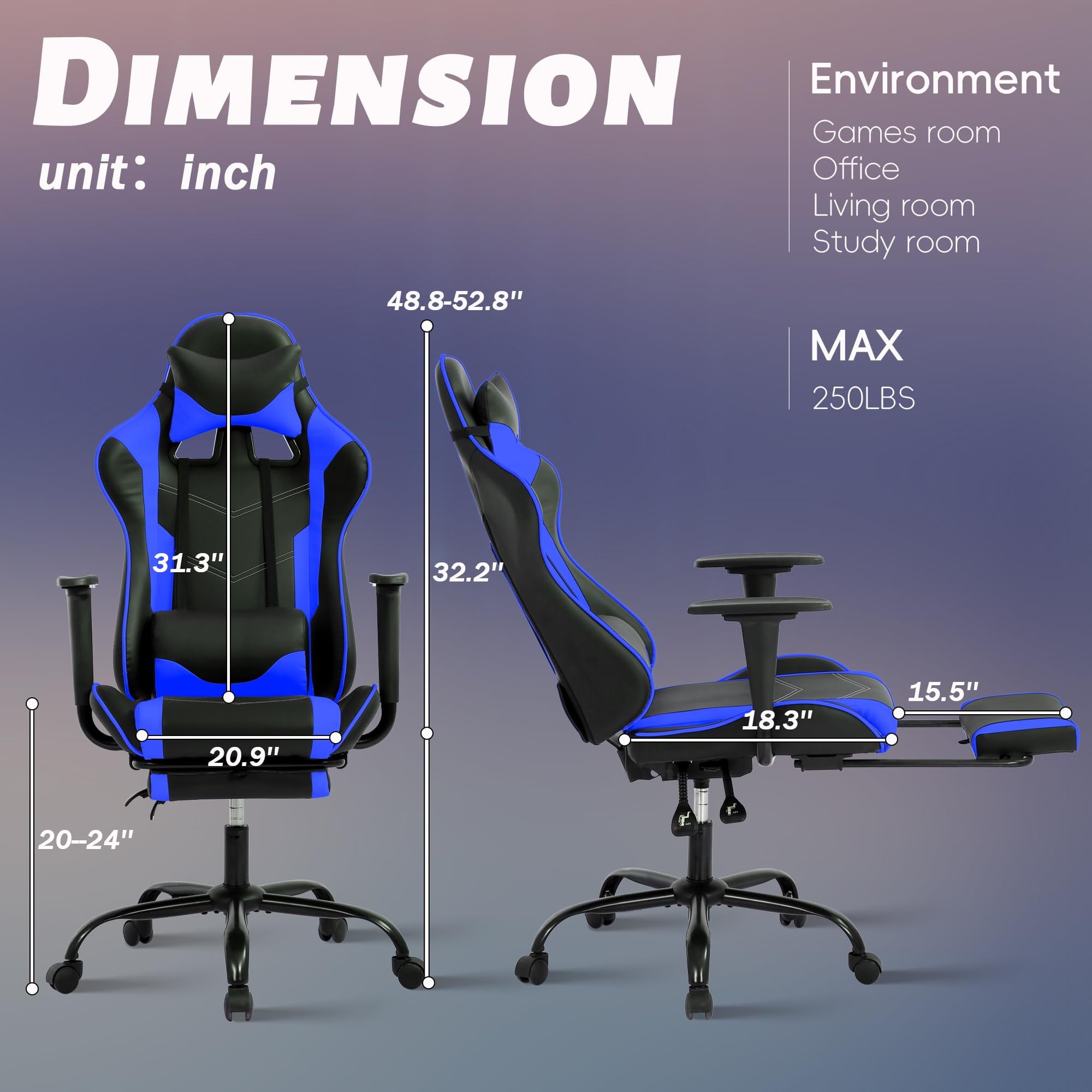 CL.HPAHKL Ergonomic Gaming Chair, PU Leather Recliner with Headrest Armrest Footrest Video Gamer Chair with Massage Lumbar Support Recliner Game Chair with 360° Swivel Seat, Blue